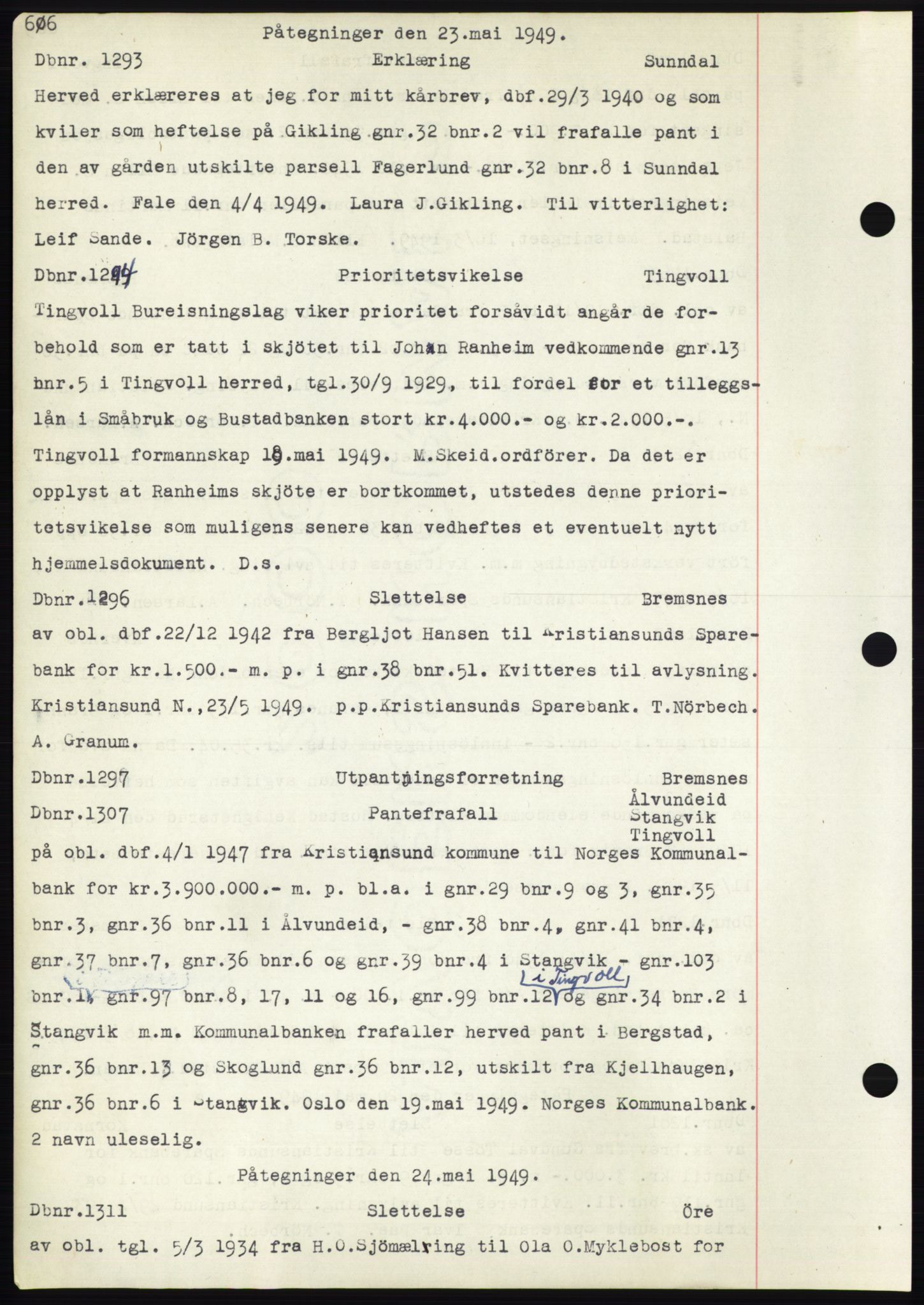Nordmøre sorenskriveri, SAT/A-4132/1/2/2Ca: Pantebok nr. C82b, 1946-1951, Dagboknr: 1293/1949