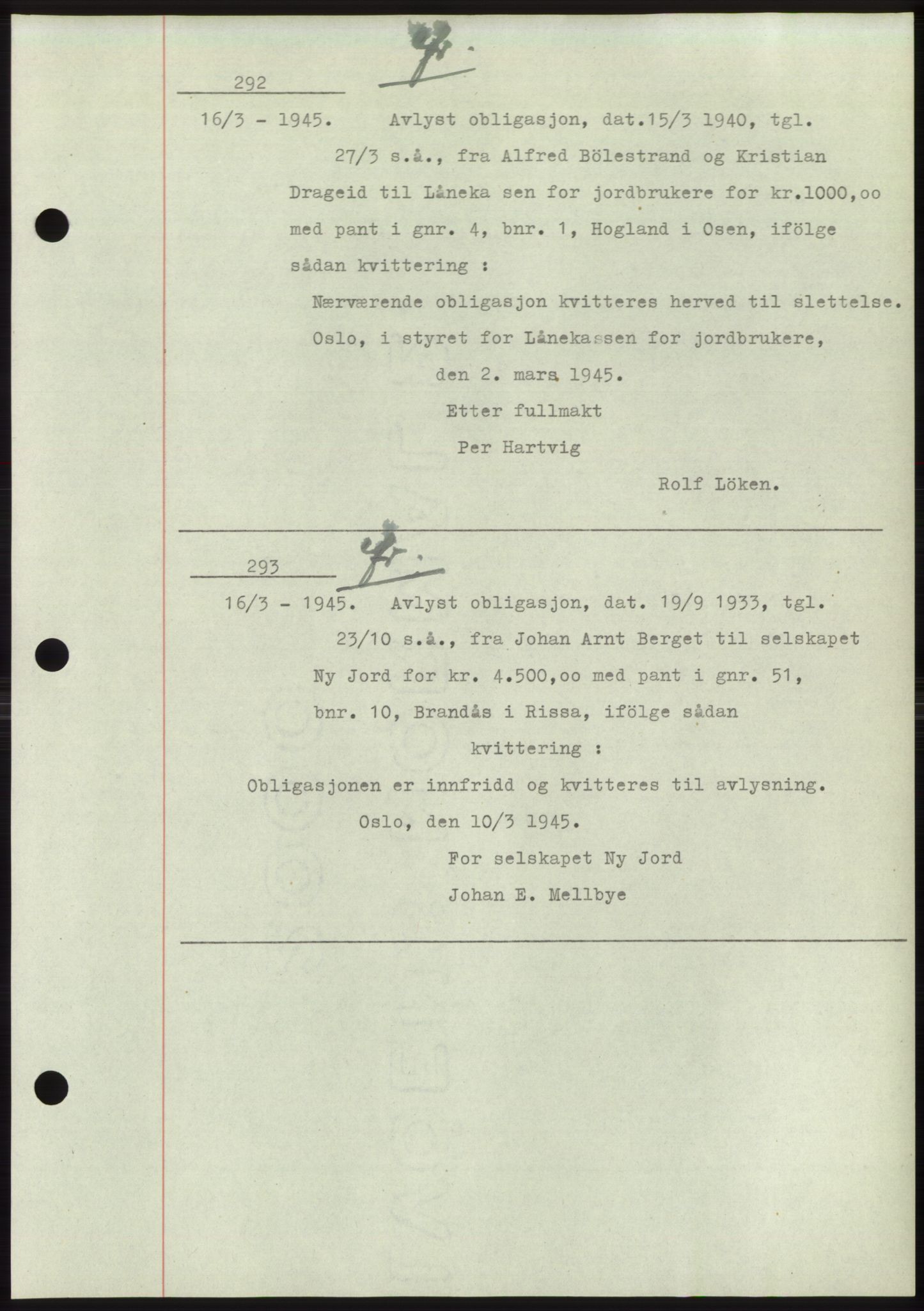 Fosen sorenskriveri, AV/SAT-A-1107/1/2/2C: Pantebok nr. B1, 1943-1946, Dagboknr: 292/1945