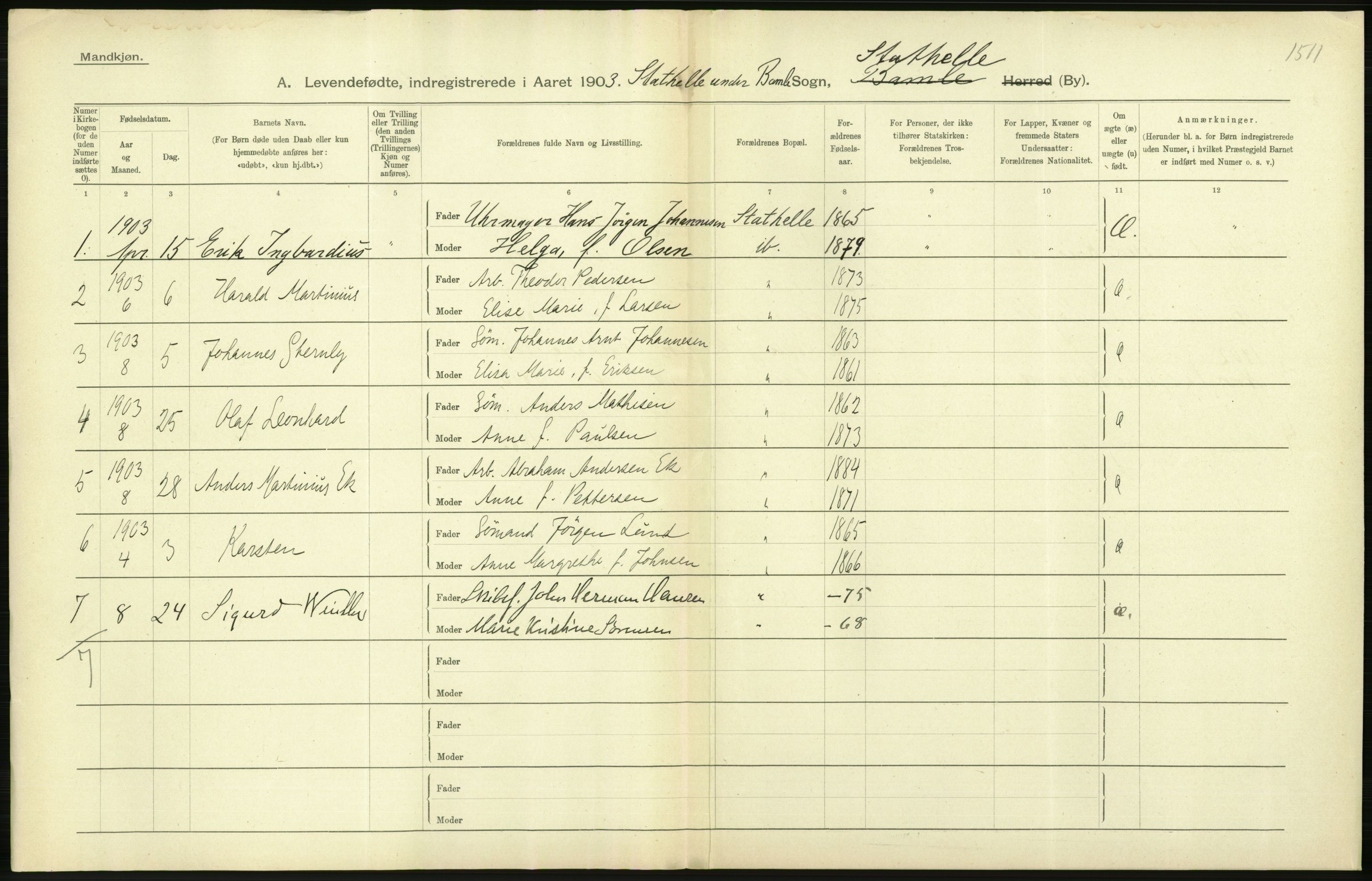 Statistisk sentralbyrå, Sosiodemografiske emner, Befolkning, AV/RA-S-2228/D/Df/Dfa/Dfaa/L0009: Bratsberg amt: Fødte, gifte, døde, 1903, s. 314