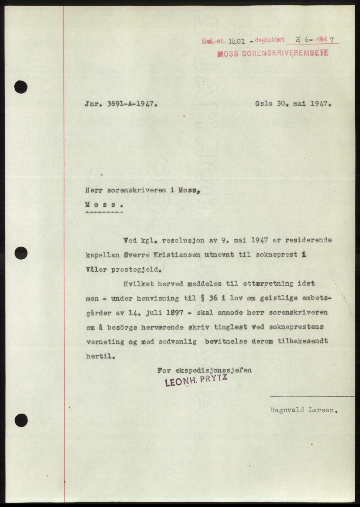 Moss sorenskriveri, SAO/A-10168: Pantebok nr. B17, 1947-1947, Dagboknr: 1401/1947