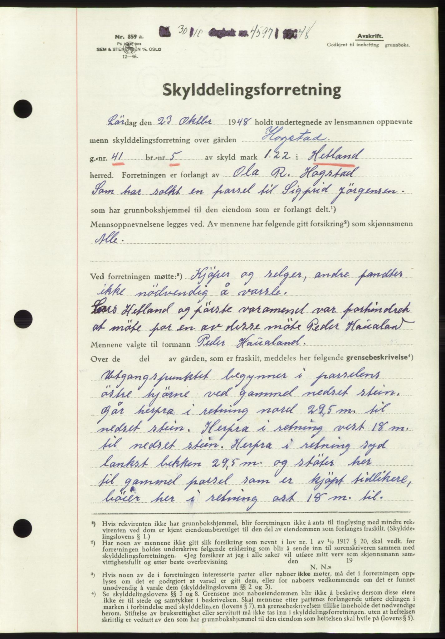 Jæren sorenskriveri, SAST/A-100310/03/G/Gba/L0100: Pantebok, 1948-1948, Dagboknr: 4597/1948