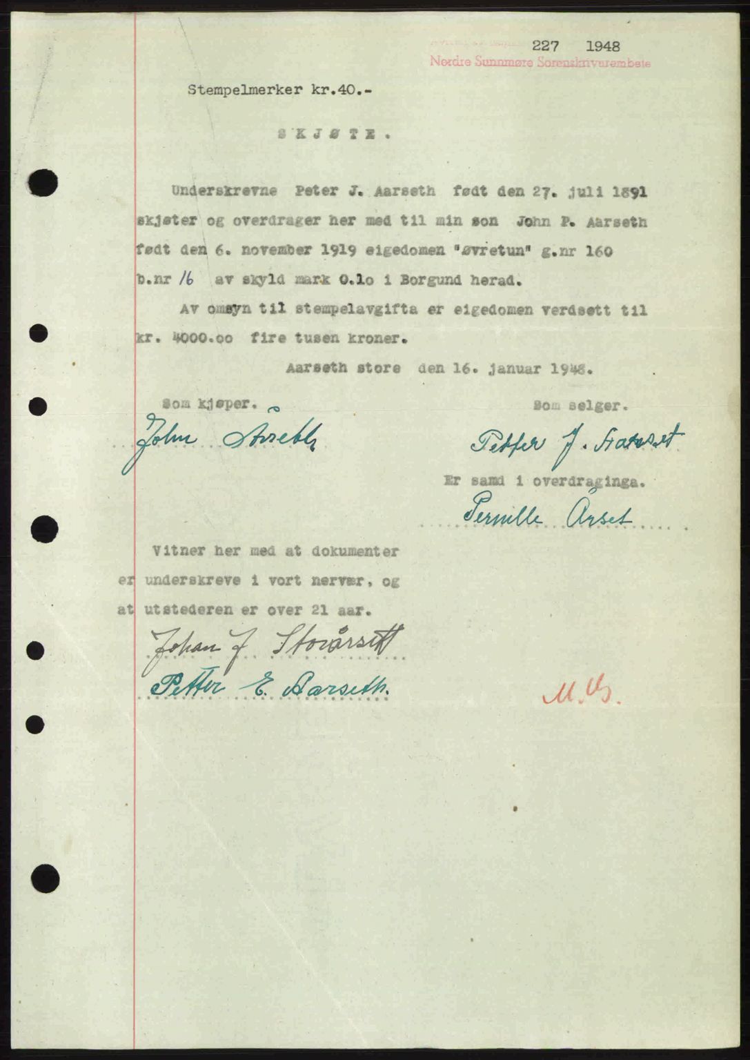 Nordre Sunnmøre sorenskriveri, AV/SAT-A-0006/1/2/2C/2Ca: Pantebok nr. A26, 1947-1948, Dagboknr: 227/1948