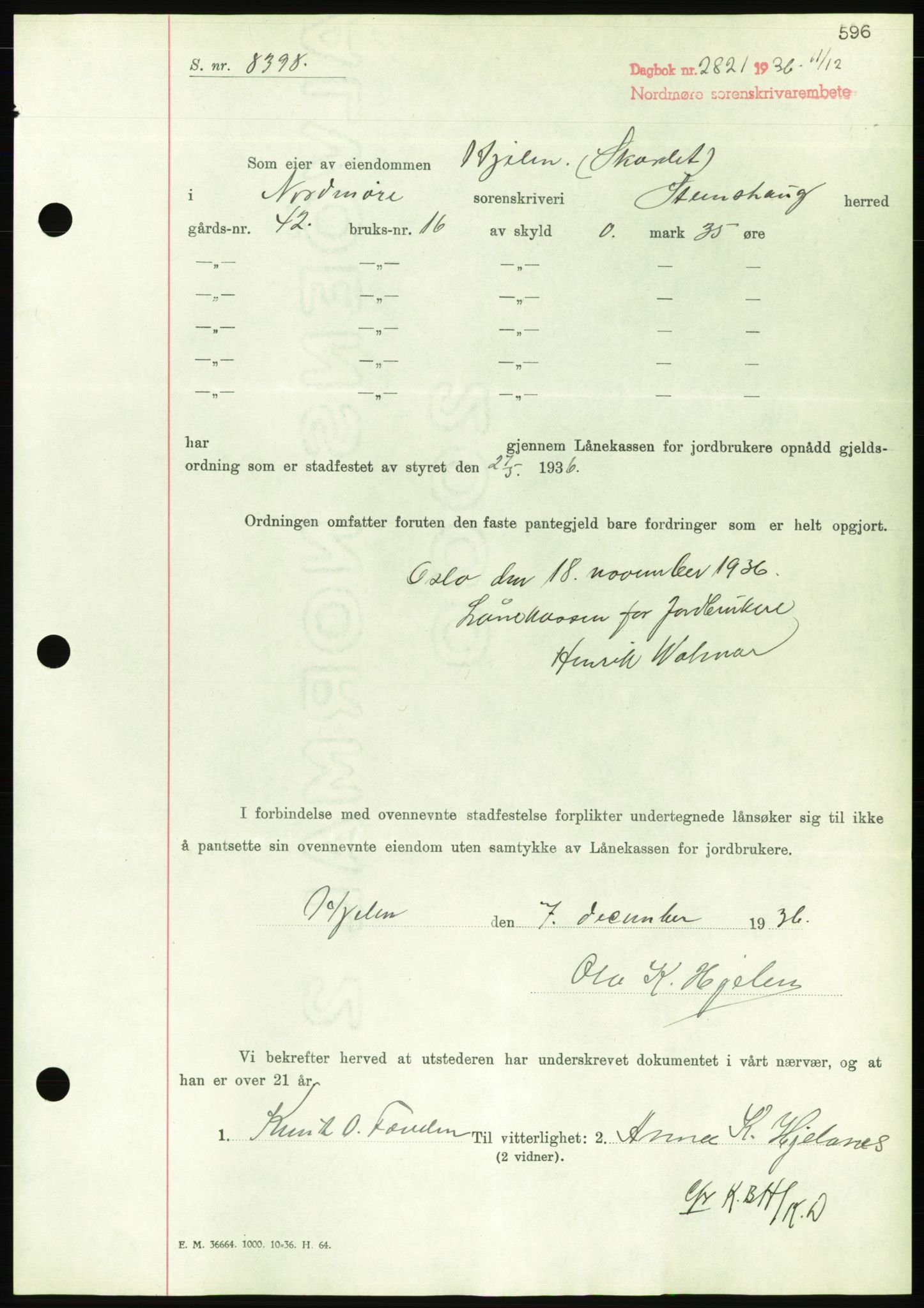 Nordmøre sorenskriveri, AV/SAT-A-4132/1/2/2Ca/L0090: Pantebok nr. B80, 1936-1937, Dagboknr: 2821/1936