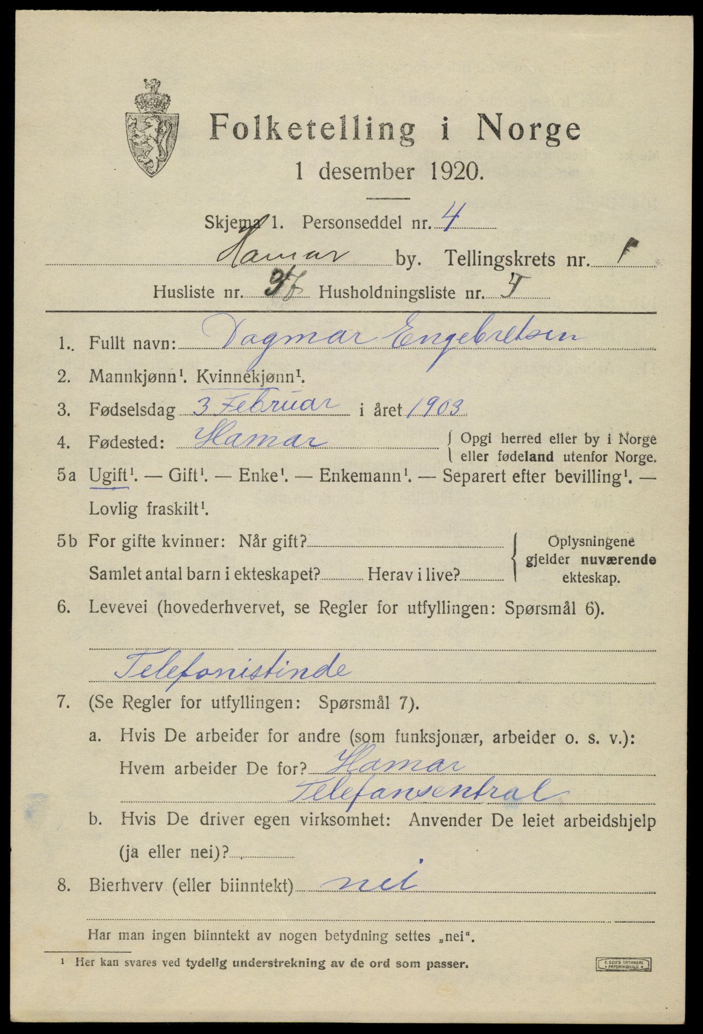 SAH, Folketelling 1920 for 0401 Hamar kjøpstad, 1920, s. 5087