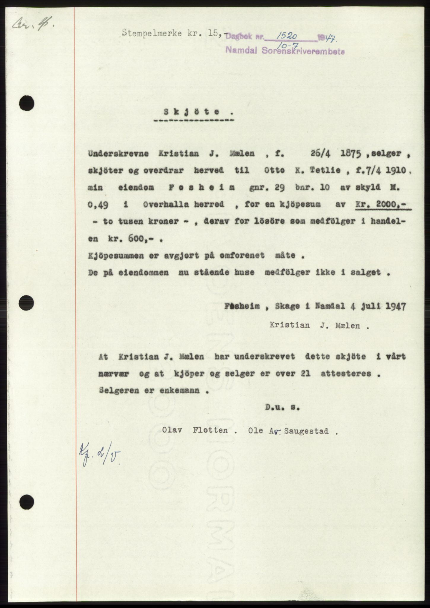Namdal sorenskriveri, SAT/A-4133/1/2/2C: Pantebok nr. -, 1947-1947, Dagboknr: 1520/1947