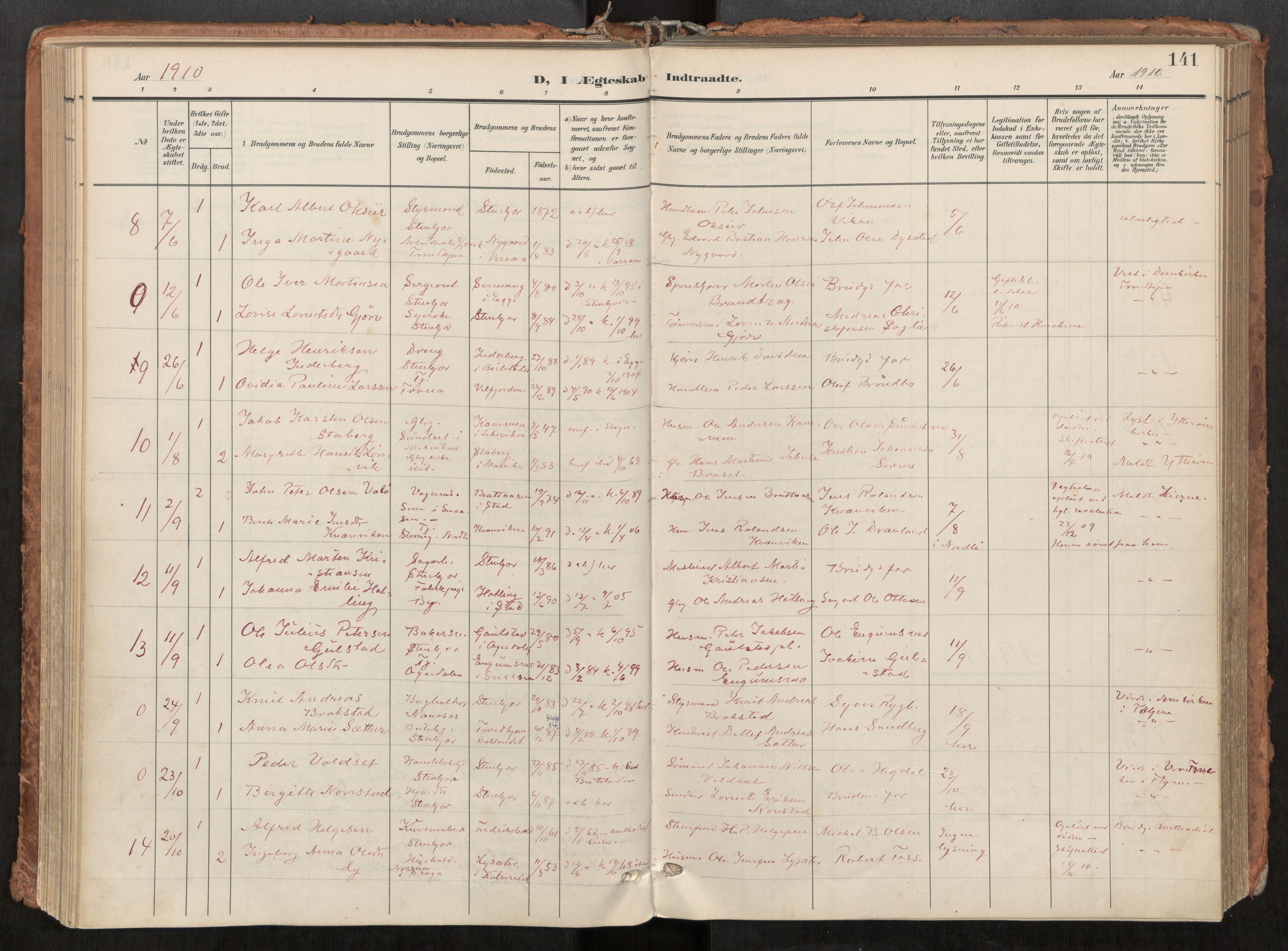 Steinkjer sokneprestkontor, AV/SAT-A-1541/01/H/Ha/Haa/L0001: Ministerialbok nr. 1, 1904-1912, s. 141