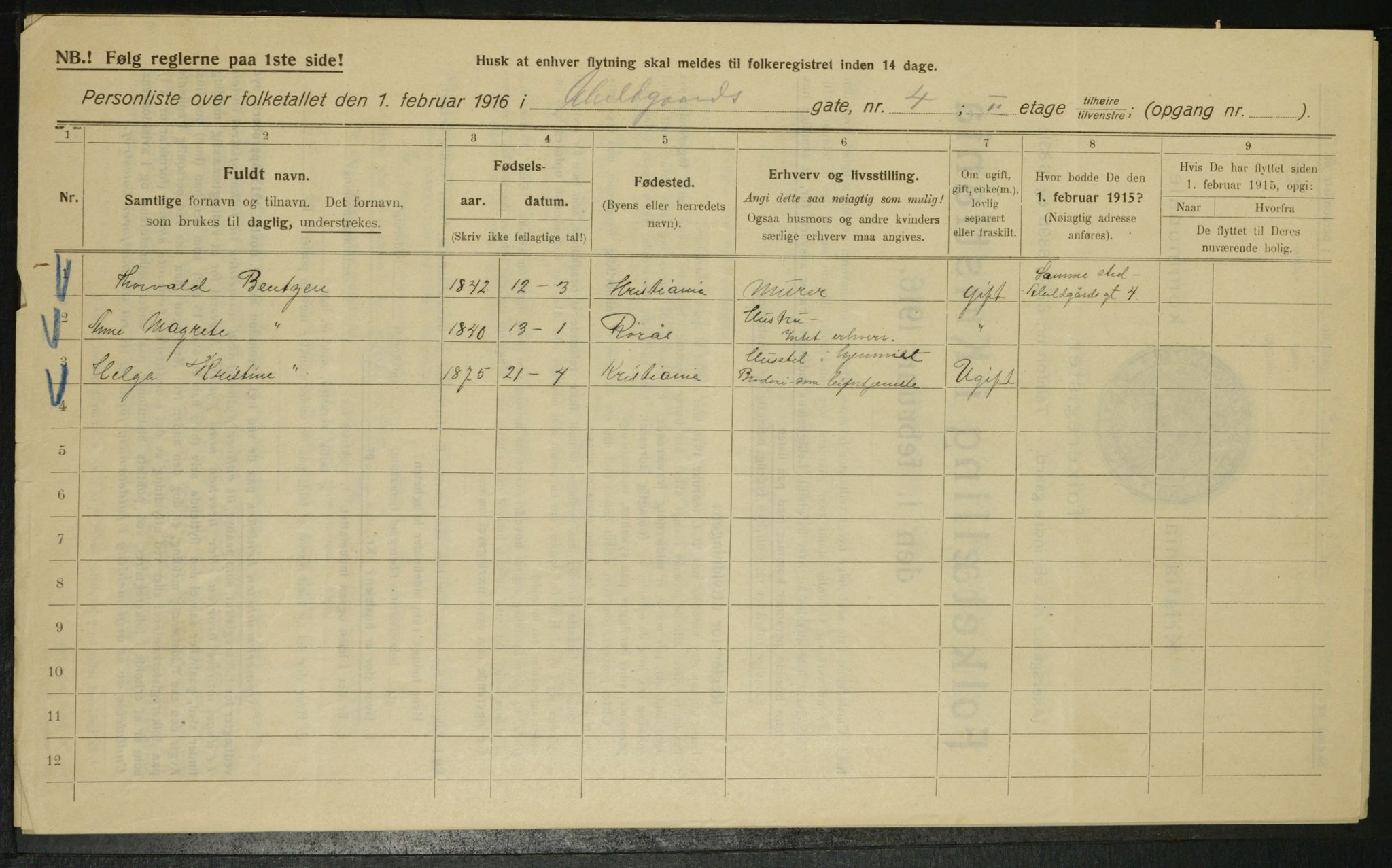 OBA, Kommunal folketelling 1.2.1916 for Kristiania, 1916, s. 17