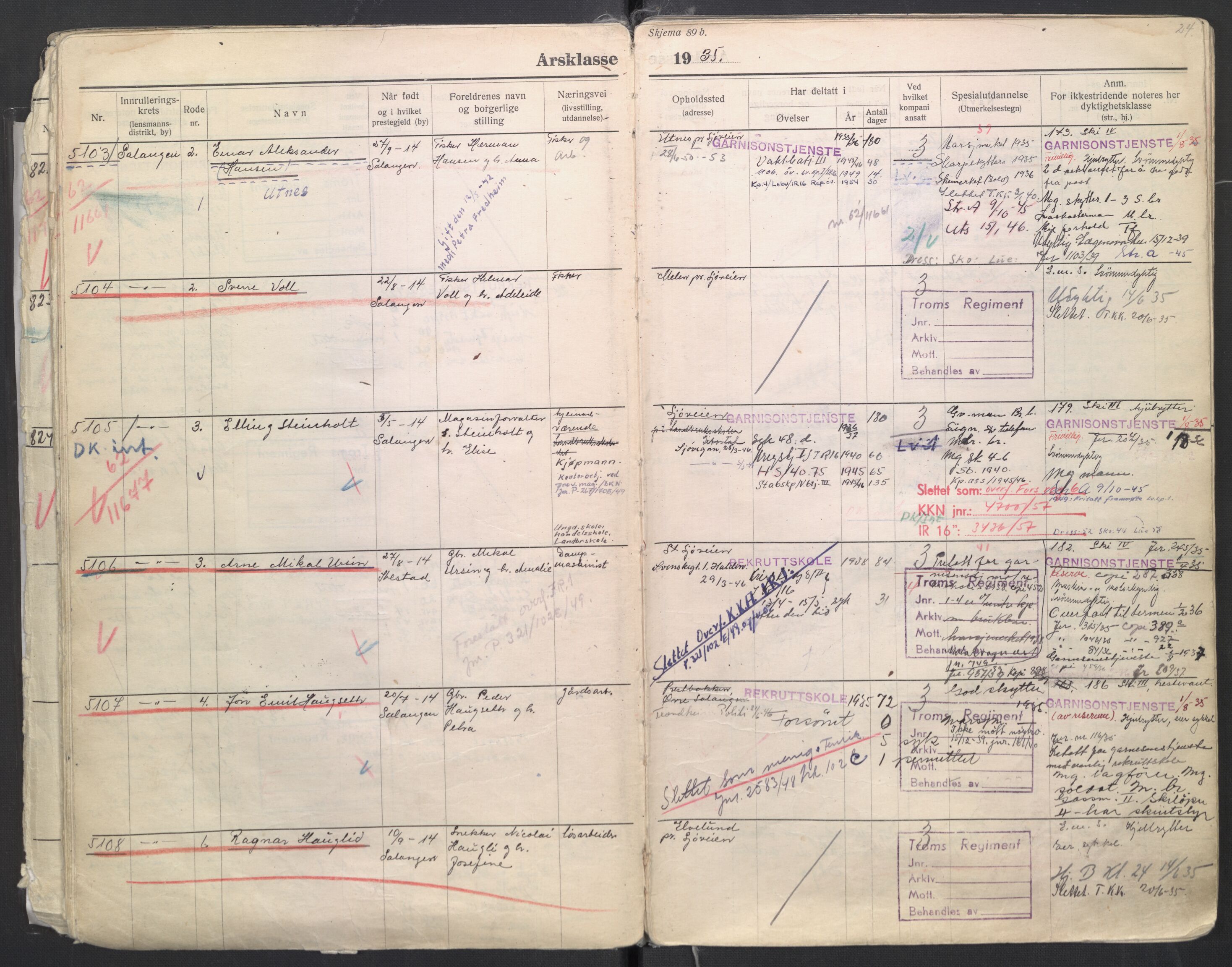 Forsvaret, Troms infanteriregiment nr. 16, AV/RA-RAFA-3146/P/Pa/L0006/0008: Ruller / Rulle for regimentets menige mannskaper, årsklasse 1935, 1935, s. 24
