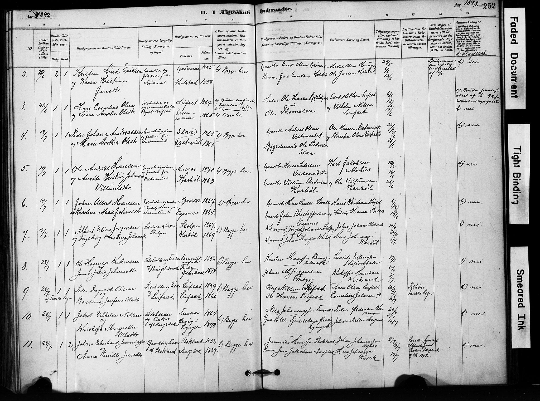 Ministerialprotokoller, klokkerbøker og fødselsregistre - Nordland, AV/SAT-A-1459/852/L0754: Klokkerbok nr. 852C05, 1878-1894, s. 252