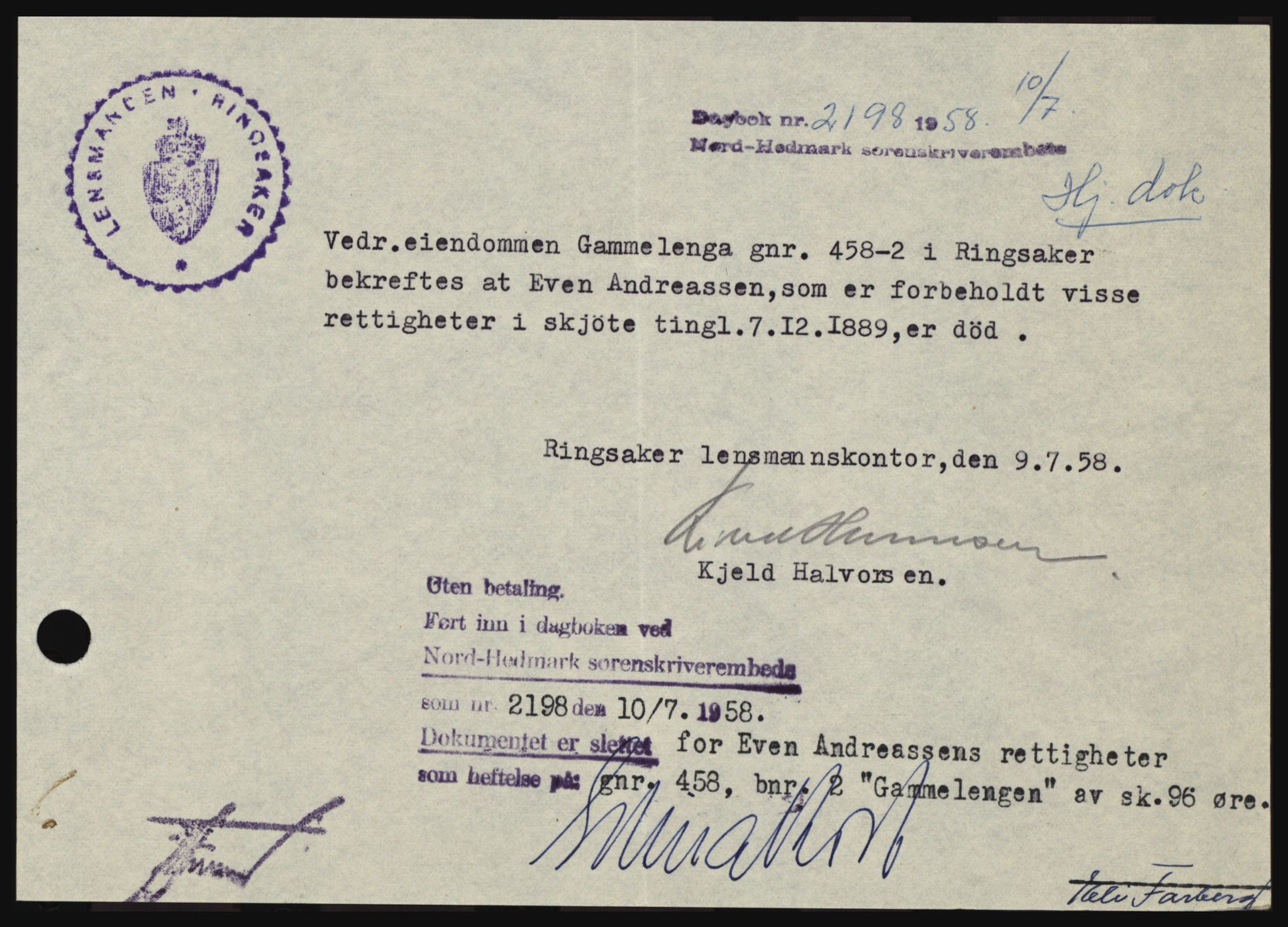 Nord-Hedmark sorenskriveri, SAH/TING-012/H/Hc/L0012: Pantebok nr. 12, 1957-1958, Dagboknr: 2198/1958