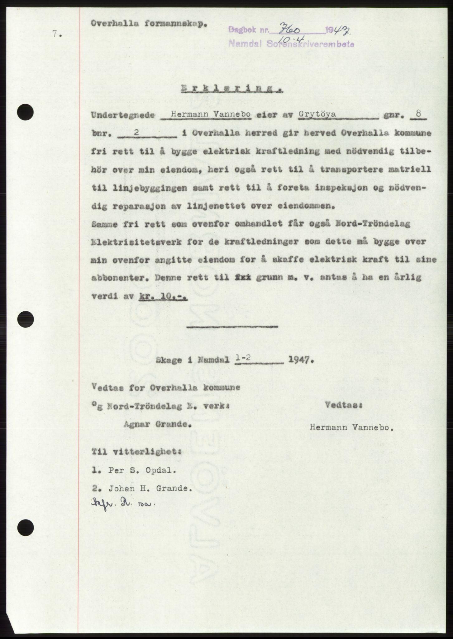 Namdal sorenskriveri, SAT/A-4133/1/2/2C: Pantebok nr. -, 1947-1947, Dagboknr: 760/1947