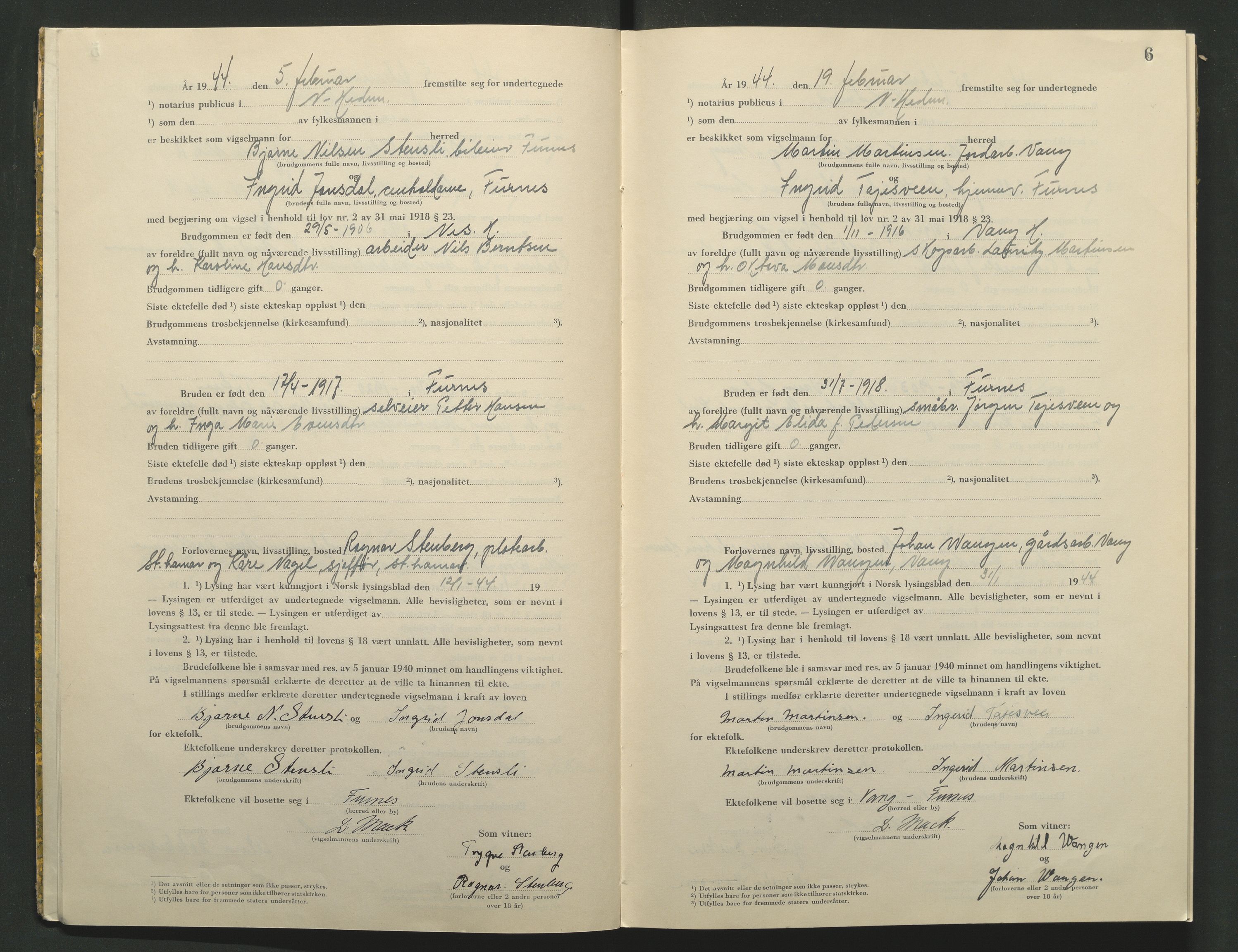 Nord-Hedmark sorenskriveri, AV/SAH-TING-012/L/Lc/L0001/0004: Vigselsprotokoller / Vigselsprotokoll, 1944-1945, s. 6