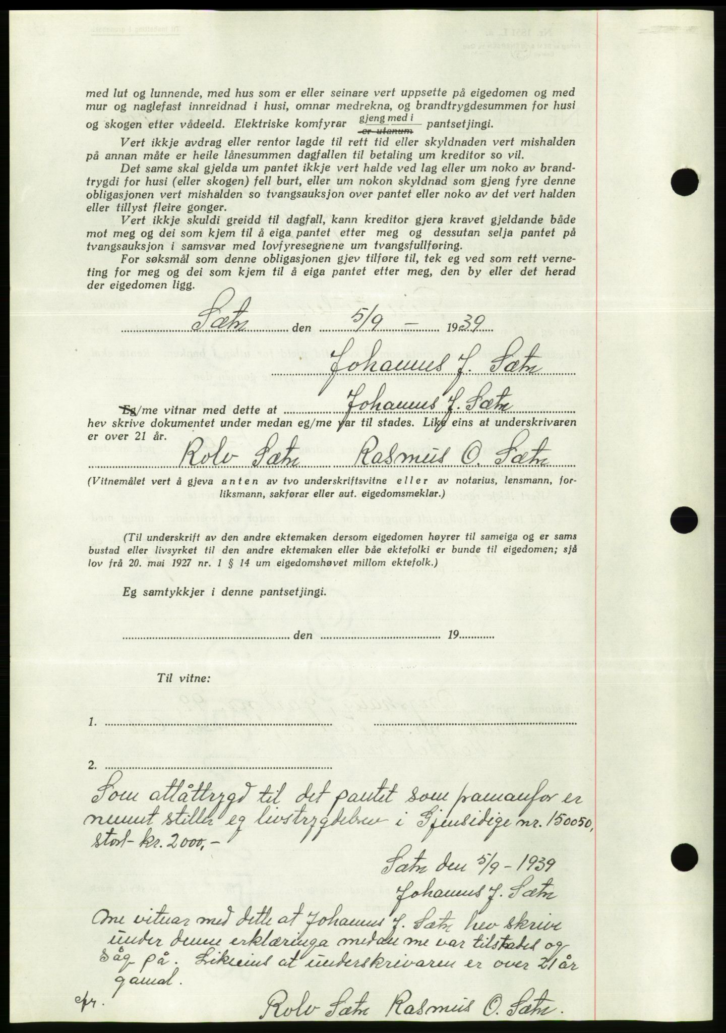 Søre Sunnmøre sorenskriveri, AV/SAT-A-4122/1/2/2C/L0069: Pantebok nr. 63, 1939-1940, Dagboknr: 1461/1939