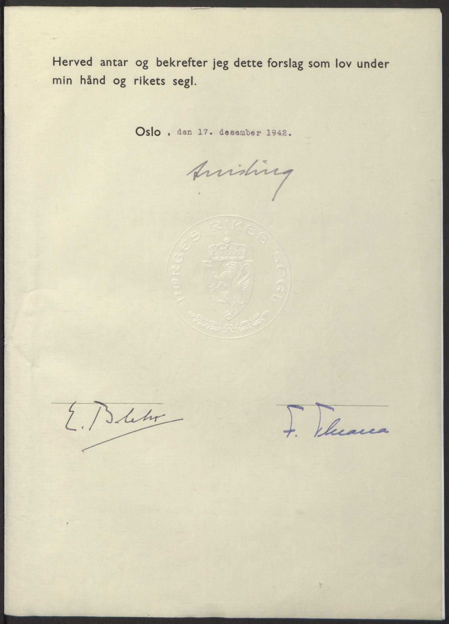 NS-administrasjonen 1940-1945 (Statsrådsekretariatet, de kommisariske statsråder mm), RA/S-4279/D/Db/L0098: Lover II, 1942, s. 596