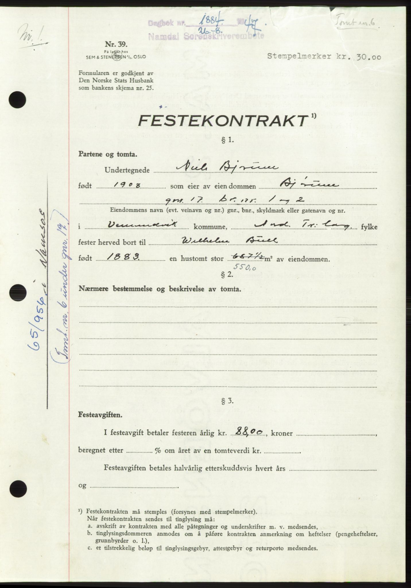 Namdal sorenskriveri, SAT/A-4133/1/2/2C: Pantebok nr. -, 1947-1947, Dagboknr: 1884/1947