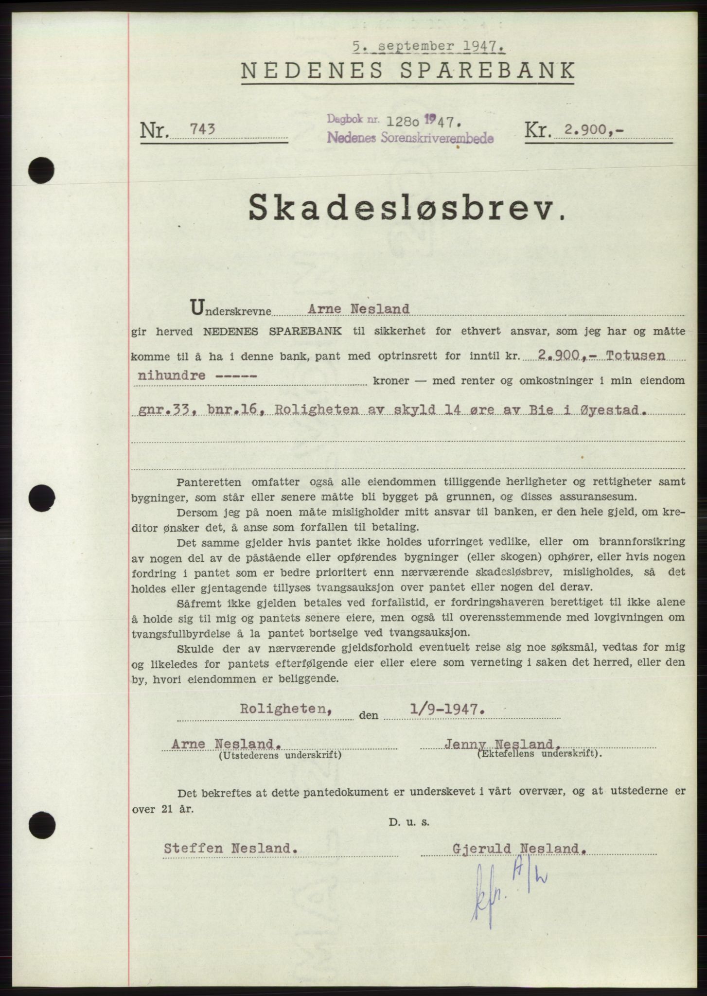 Nedenes sorenskriveri, SAK/1221-0006/G/Gb/Gbb/L0004: Pantebok nr. B4, 1947-1947, Dagboknr: 1280/1947