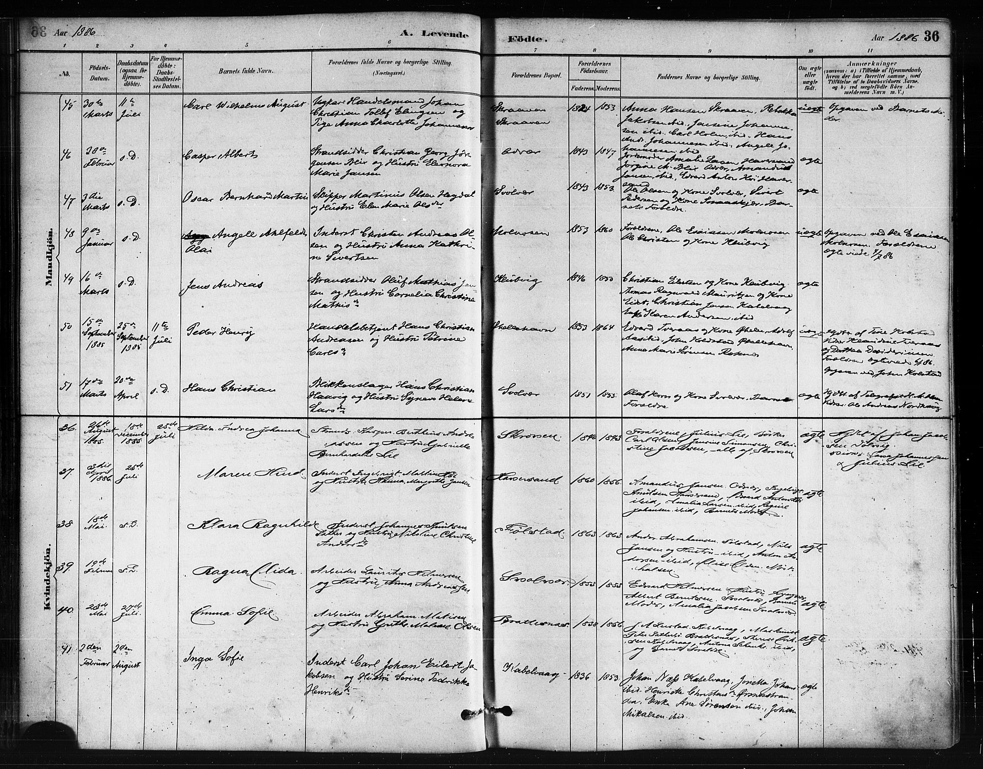 Ministerialprotokoller, klokkerbøker og fødselsregistre - Nordland, SAT/A-1459/874/L1059: Ministerialbok nr. 874A03, 1884-1890, s. 36