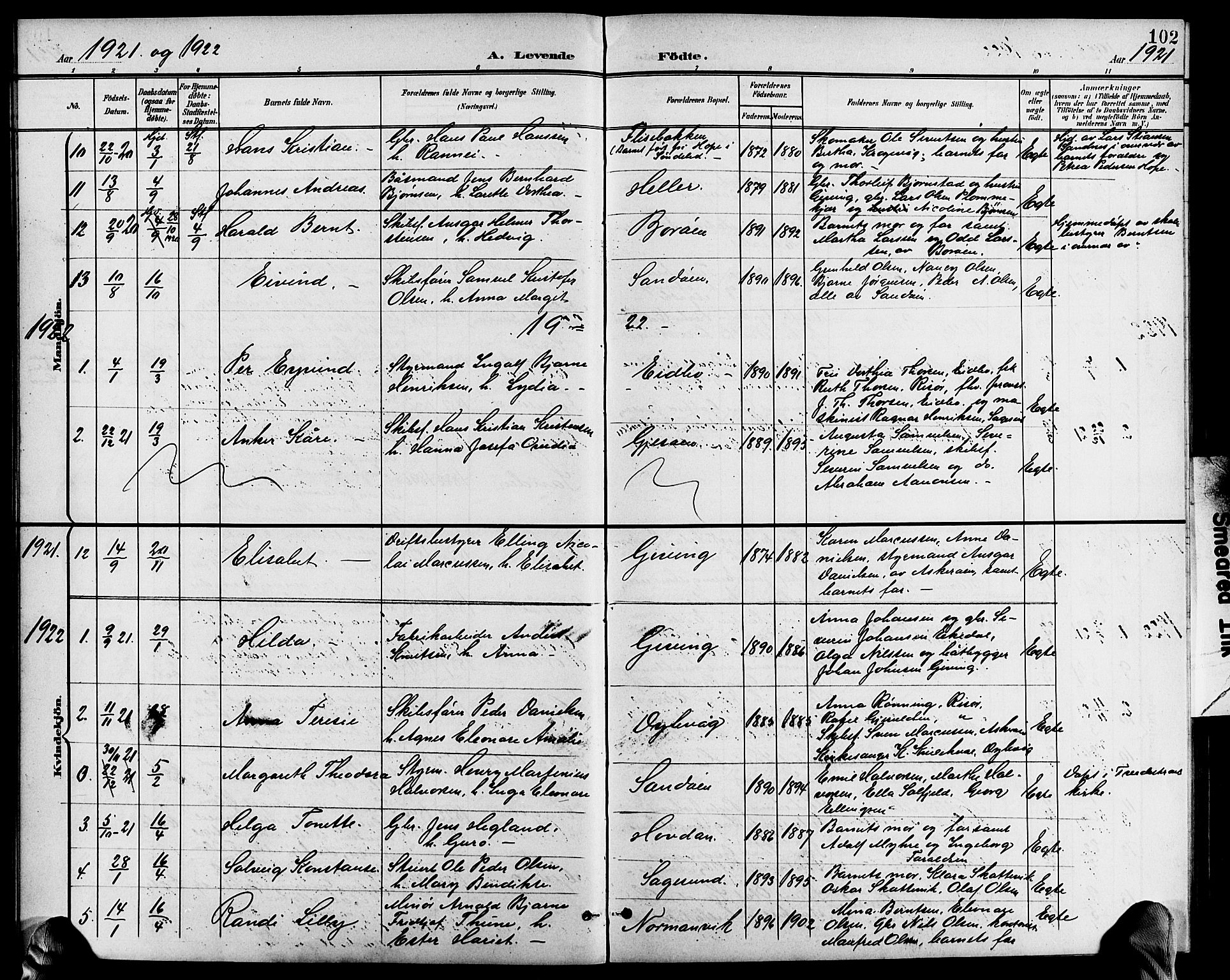 Dypvåg sokneprestkontor, AV/SAK-1111-0007/F/Fb/Fba/L0014: Klokkerbok nr. B 14, 1901-1922, s. 102