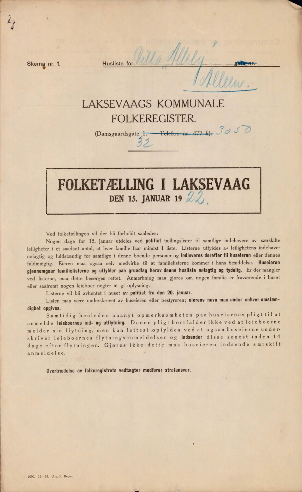 Laksevåg kommune. Folkeregisteret, BBA/A-1586/E/Ea/L0006: Folketellingskjema 1922, 1922