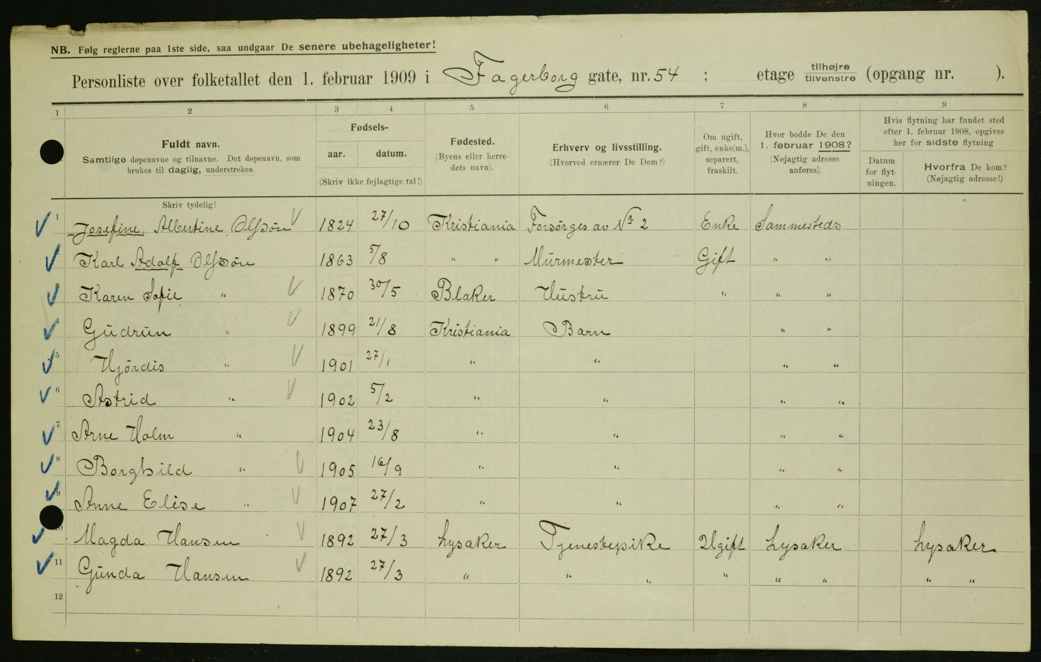 OBA, Kommunal folketelling 1.2.1909 for Kristiania kjøpstad, 1909, s. 20797