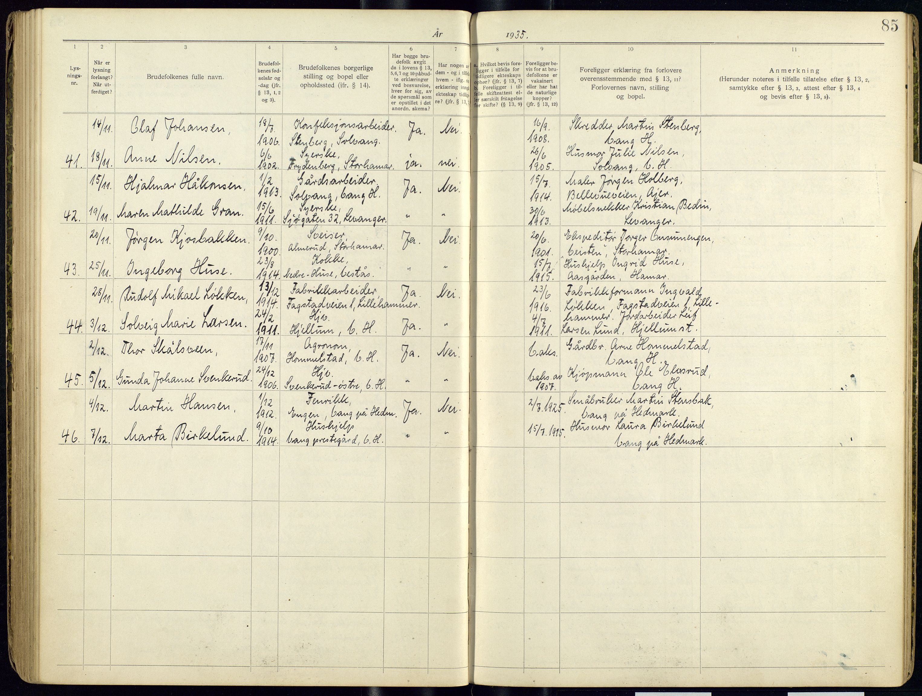 Vang prestekontor, Hedmark, AV/SAH-PREST-008/I/Ie/L0001/0001: Lysningsprotokoll nr. 1, 1919-1938, s. 85