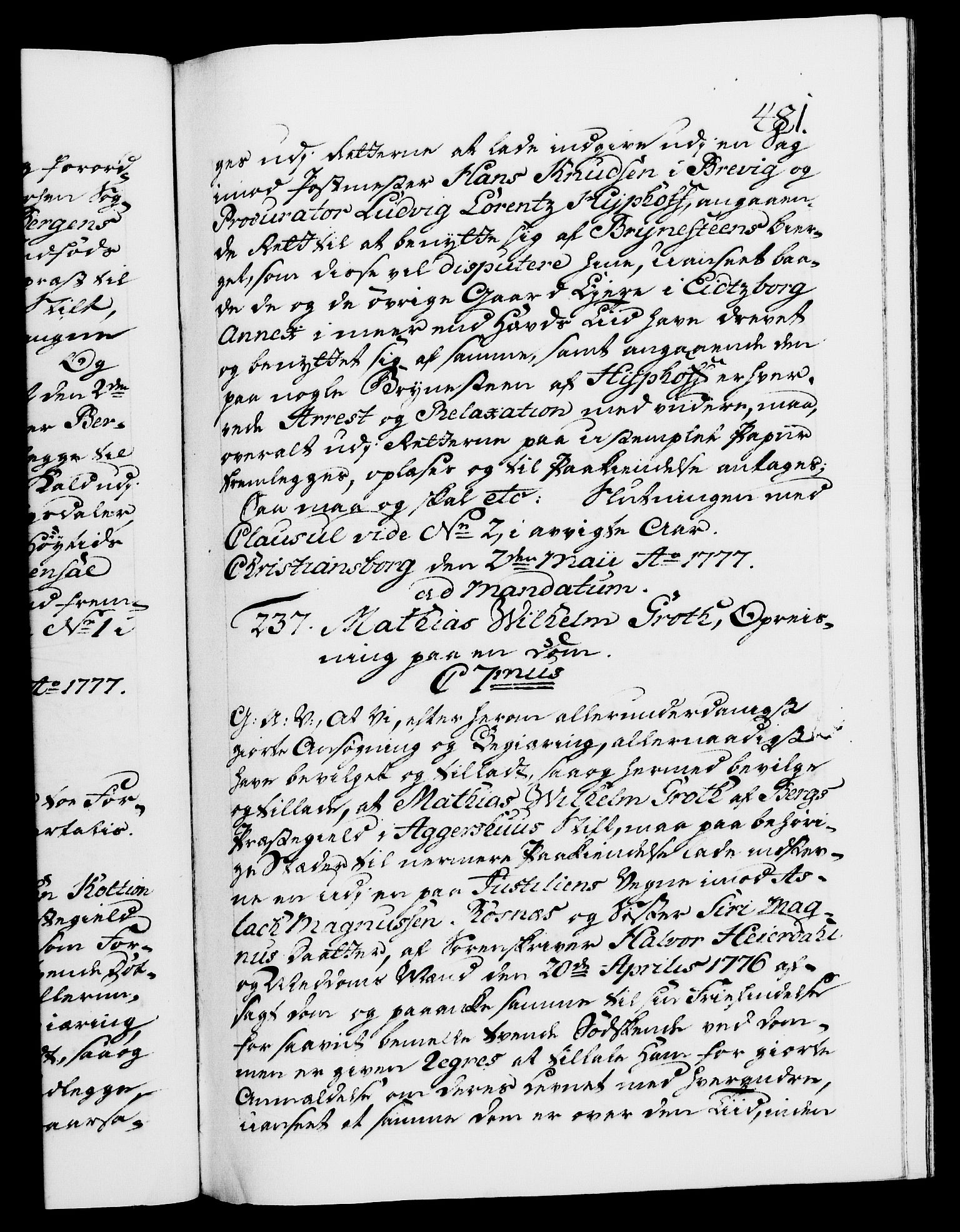 Danske Kanselli 1572-1799, RA/EA-3023/F/Fc/Fca/Fcaa/L0047: Norske registre, 1776-1778, s. 481a
