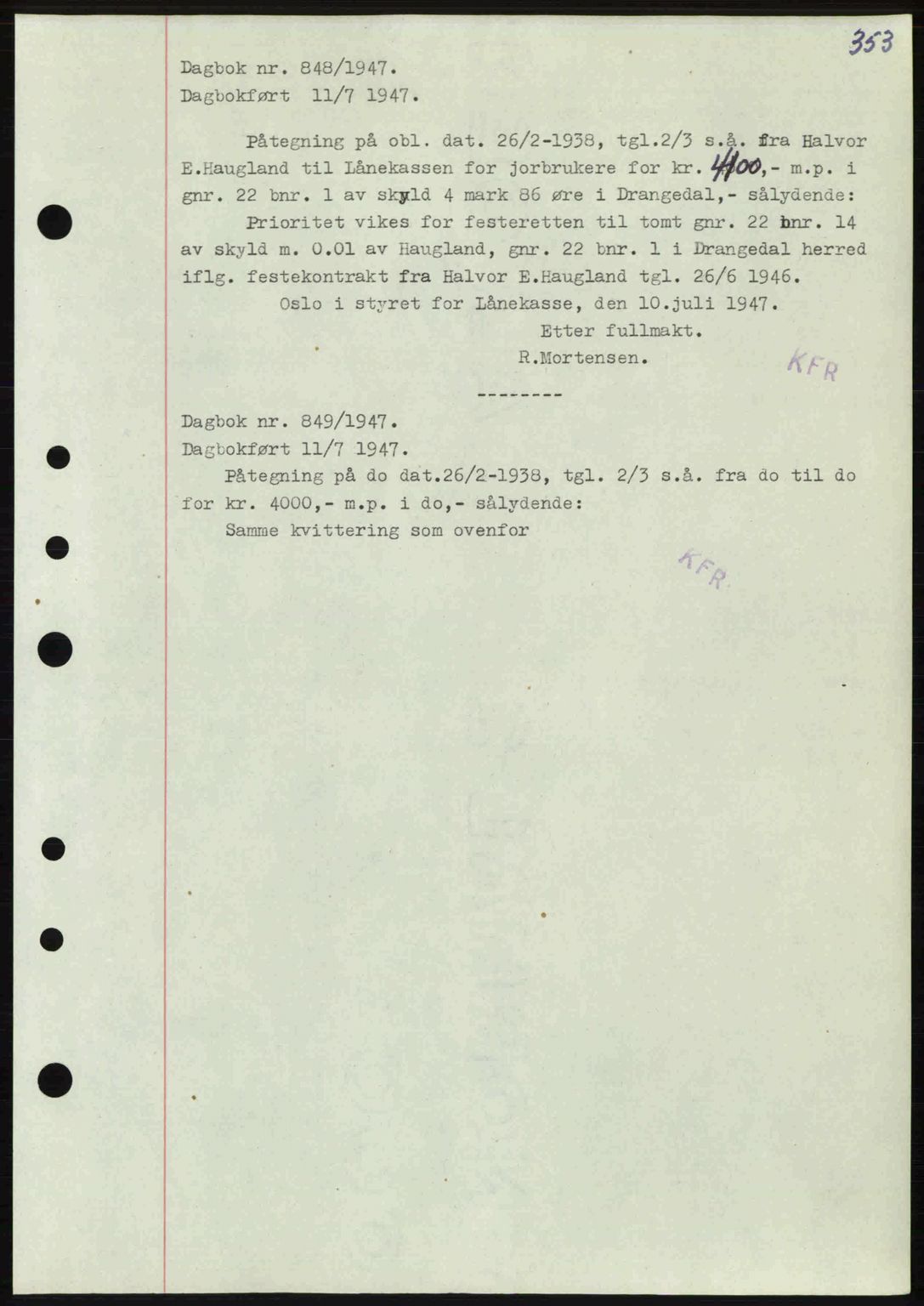 Kragerø sorenskriveri, SAKO/A-65/G/Ga/Gab/L0061: Pantebok nr. A-61, 1947-1947, Dagboknr: 848/1947