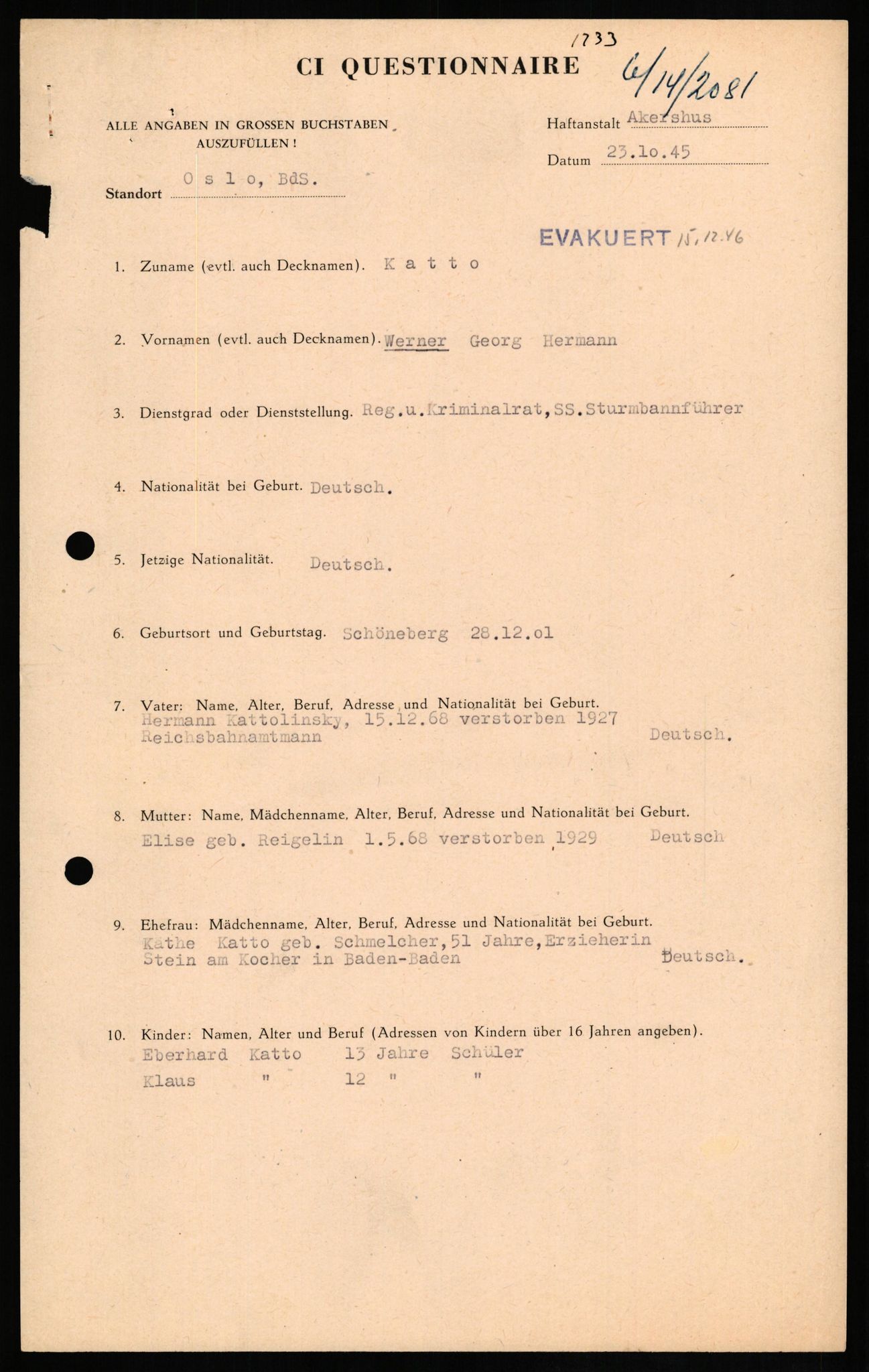 Forsvaret, Forsvarets overkommando II, AV/RA-RAFA-3915/D/Db/L0015: CI Questionaires. Tyske okkupasjonsstyrker i Norge. Tyskere., 1945-1946, s. 457