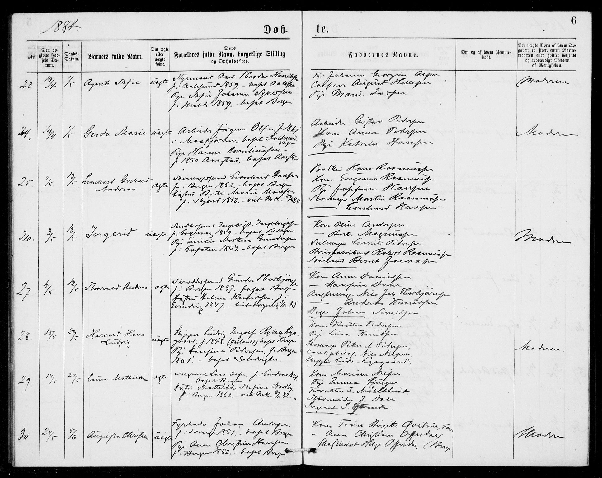 Fødselsstiftelsens sokneprestembete, ført av overlegen*, SAB/-: Ministerialbok nr. A 2, 1884-1900, s. 6
