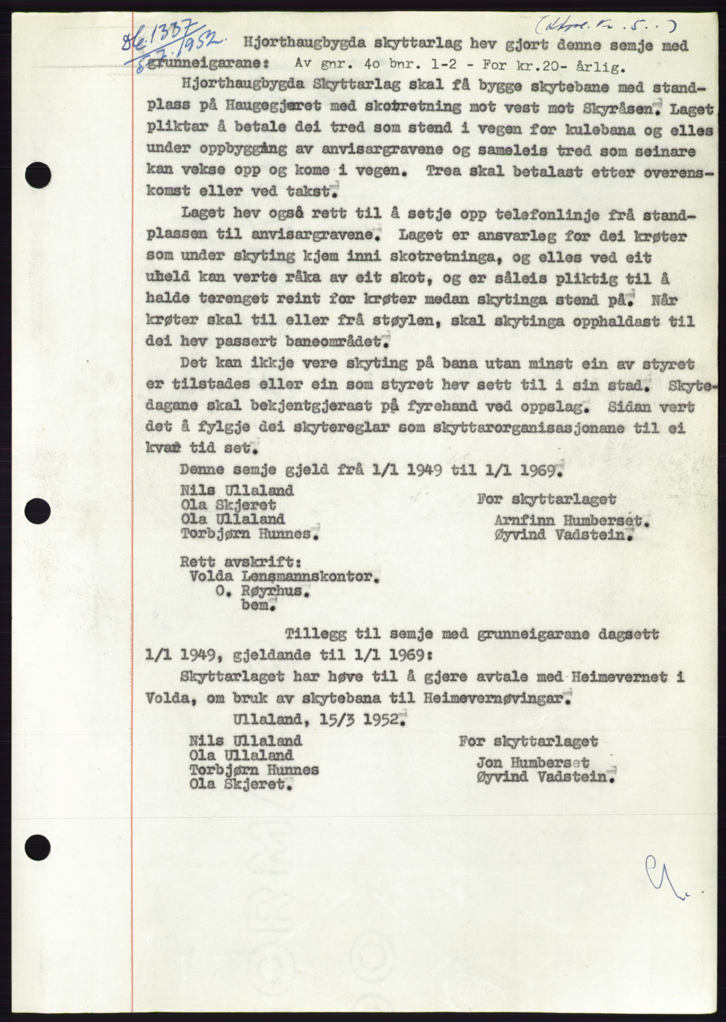 Søre Sunnmøre sorenskriveri, AV/SAT-A-4122/1/2/2C/L0121: Pantebok nr. 9B, 1951-1952, Dagboknr: 1337/1952