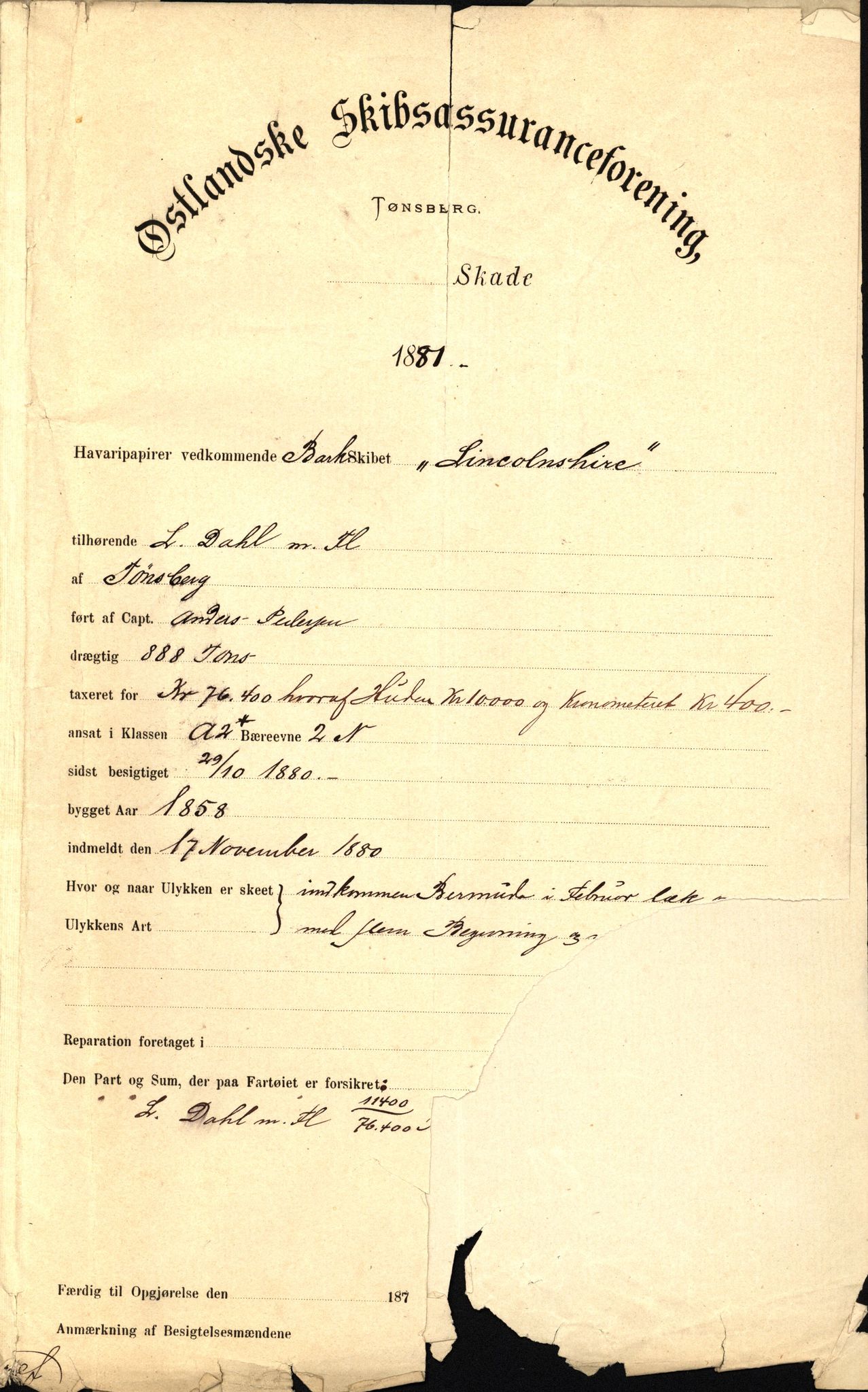Pa 63 - Østlandske skibsassuranceforening, VEMU/A-1079/G/Ga/L0014/0005: Havaridokumenter / John Bertram, Lainetar, Lincolnshire, 1881, s. 6