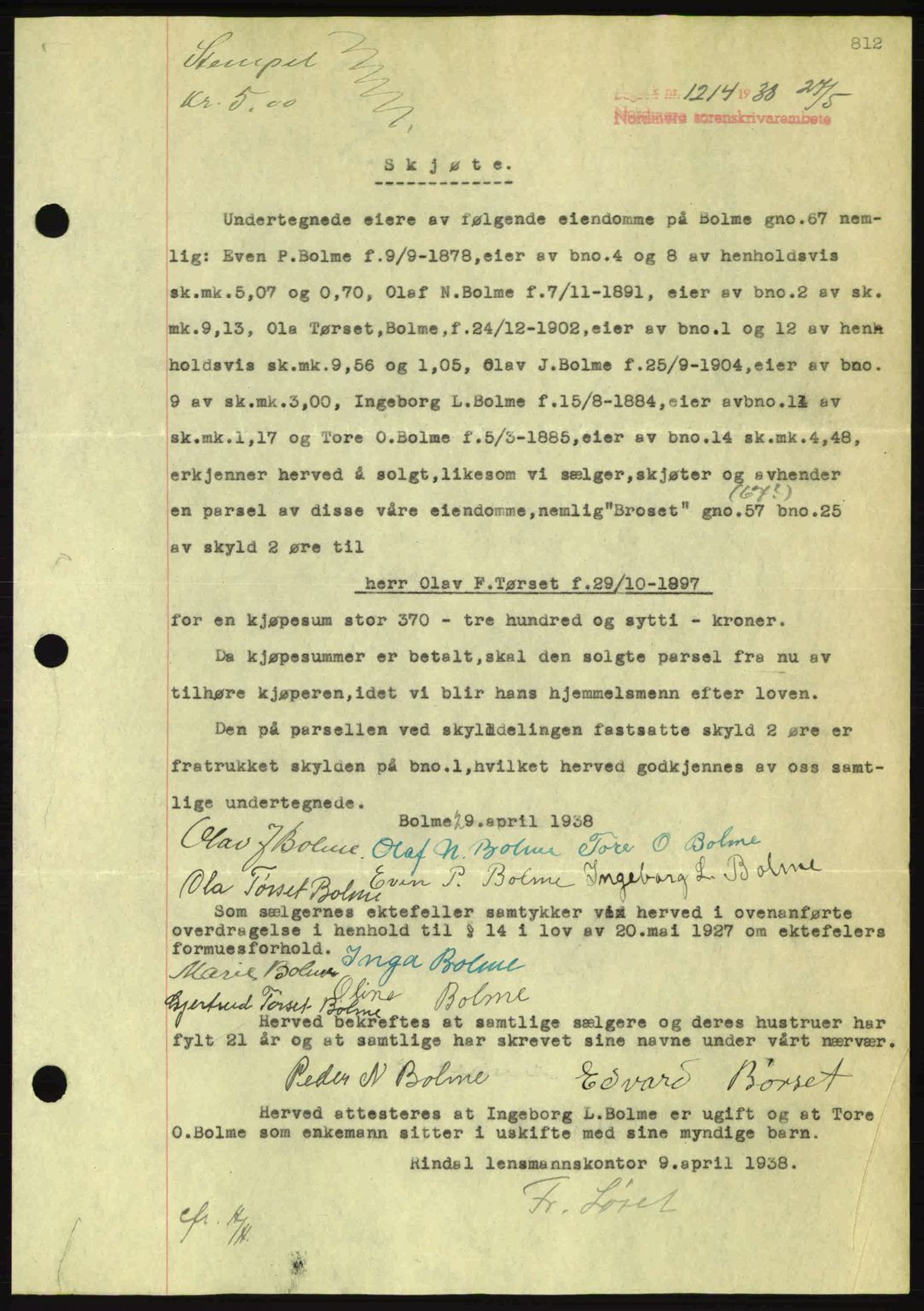 Nordmøre sorenskriveri, SAT/A-4132/1/2/2Ca: Pantebok nr. A83, 1938-1938, Dagboknr: 1214/1938
