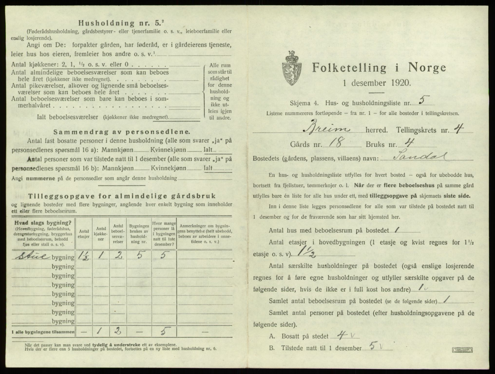 SAB, Folketelling 1920 for 1446 Breim herred, 1920, s. 336