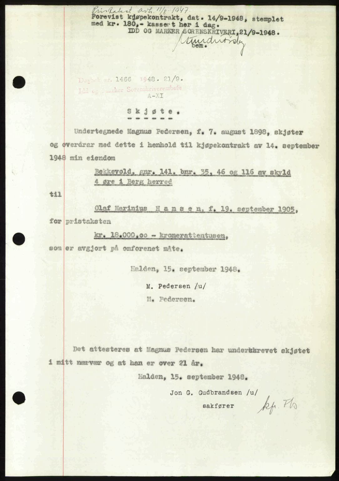 Idd og Marker sorenskriveri, SAO/A-10283/G/Gb/Gbb/L0011: Pantebok nr. A11, 1948-1949, Dagboknr: 1466/1948