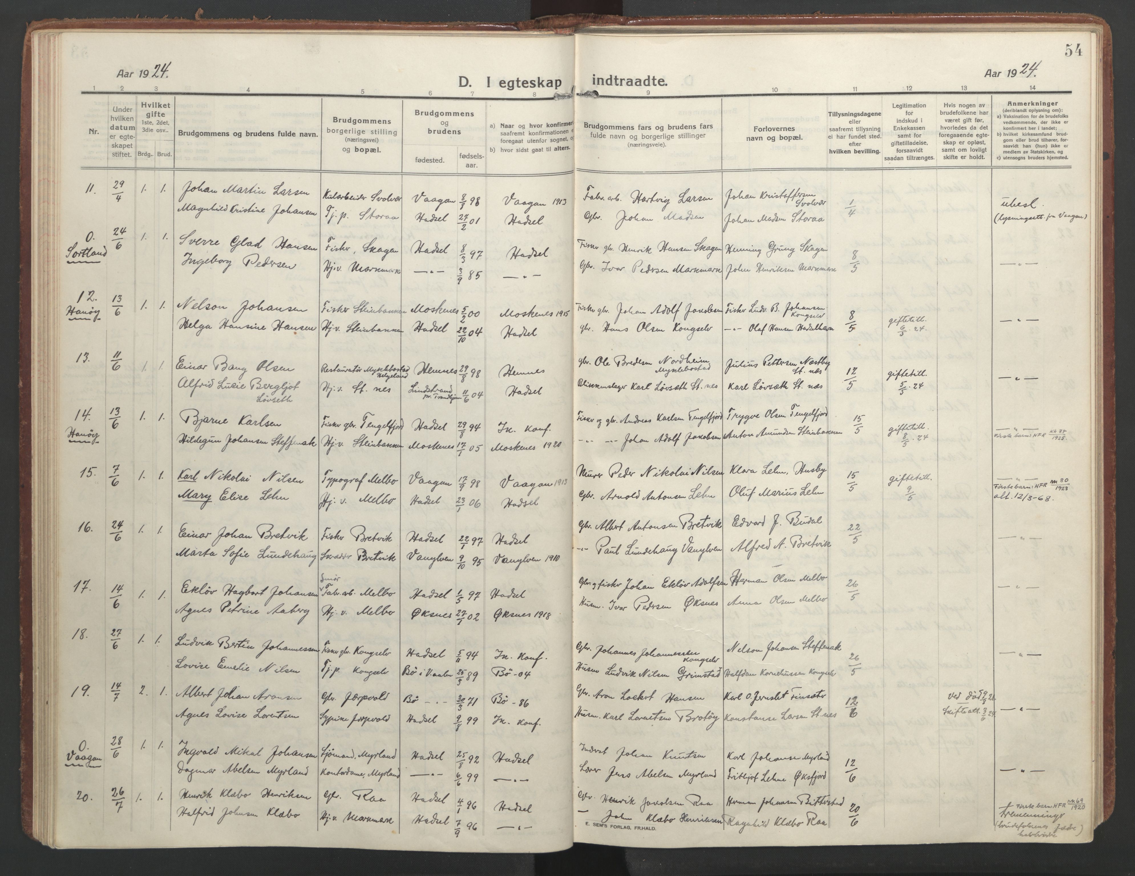 Ministerialprotokoller, klokkerbøker og fødselsregistre - Nordland, SAT/A-1459/888/L1251: Ministerialbok nr. 888A17, 1913-1925, s. 54