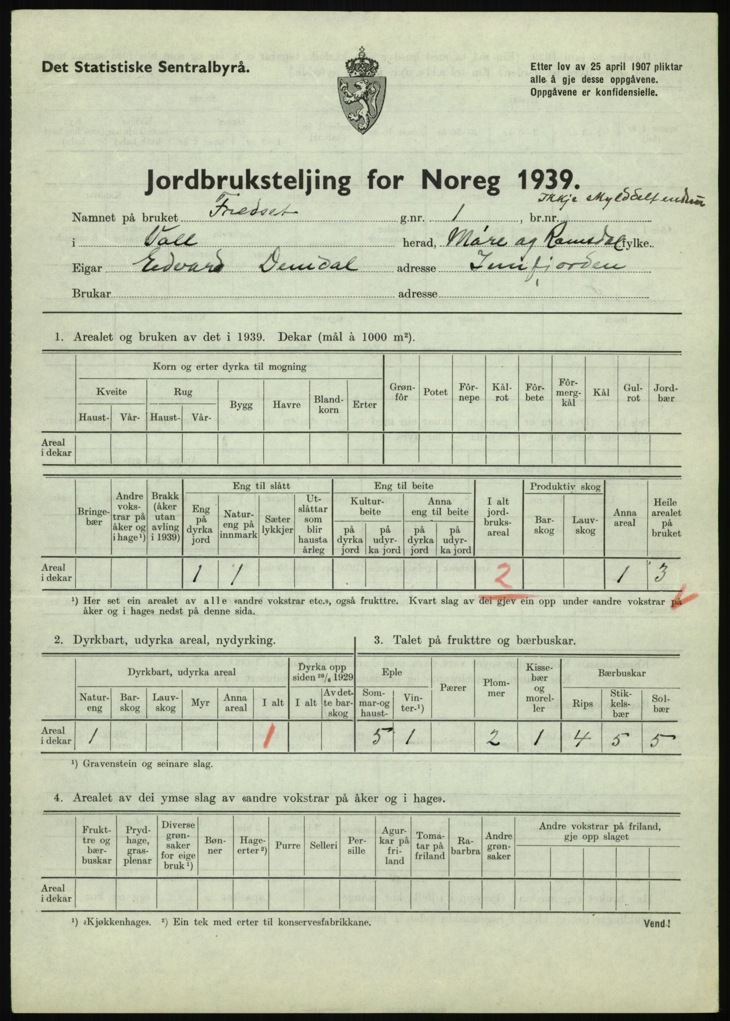 Statistisk sentralbyrå, Næringsøkonomiske emner, Jordbruk, skogbruk, jakt, fiske og fangst, AV/RA-S-2234/G/Gb/L0251: Møre og Romsdal: Voll, Eid, Grytten og Hen, 1939, s. 41