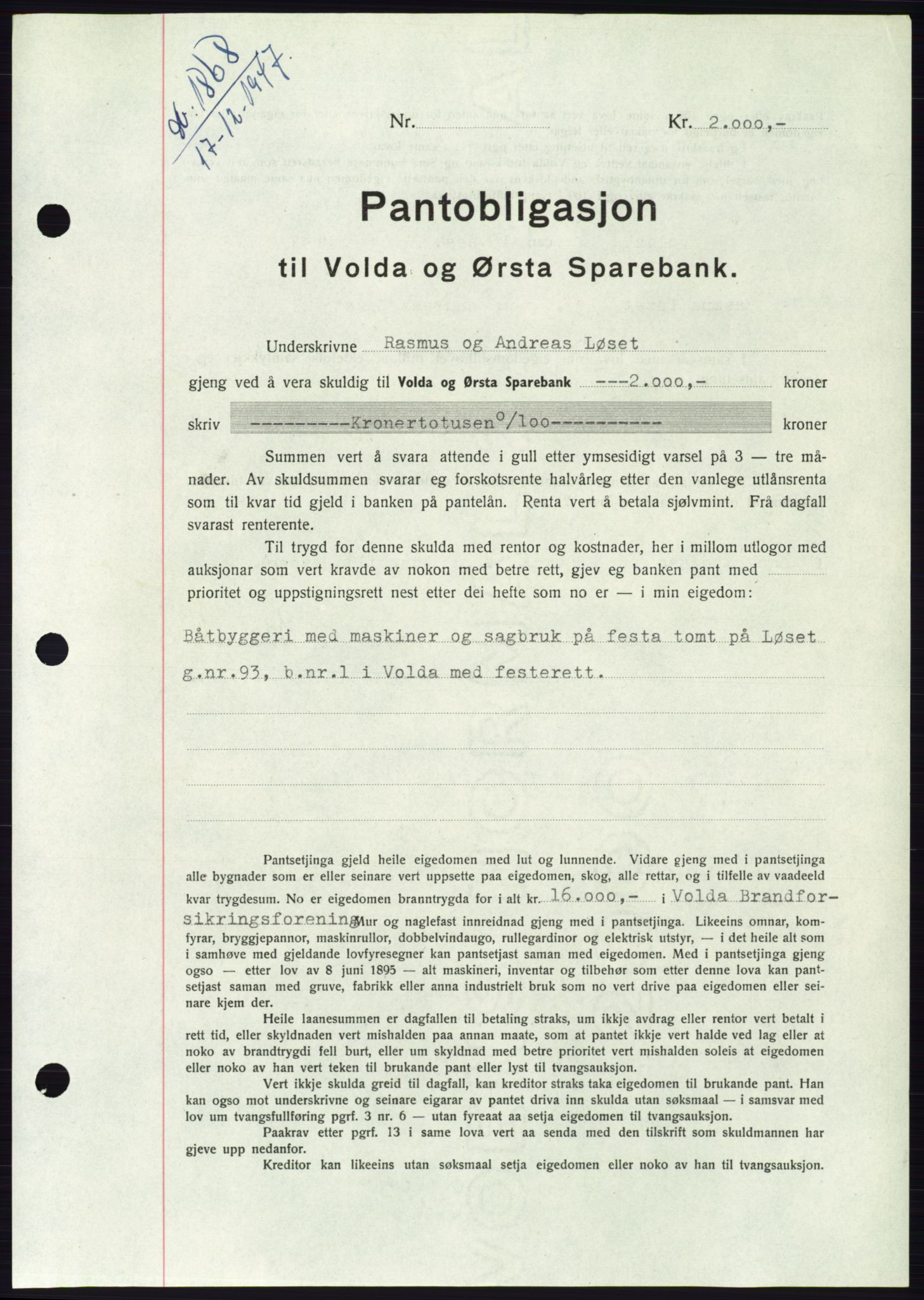 Søre Sunnmøre sorenskriveri, AV/SAT-A-4122/1/2/2C/L0115: Pantebok nr. 3B, 1947-1948, Dagboknr: 1868/1947