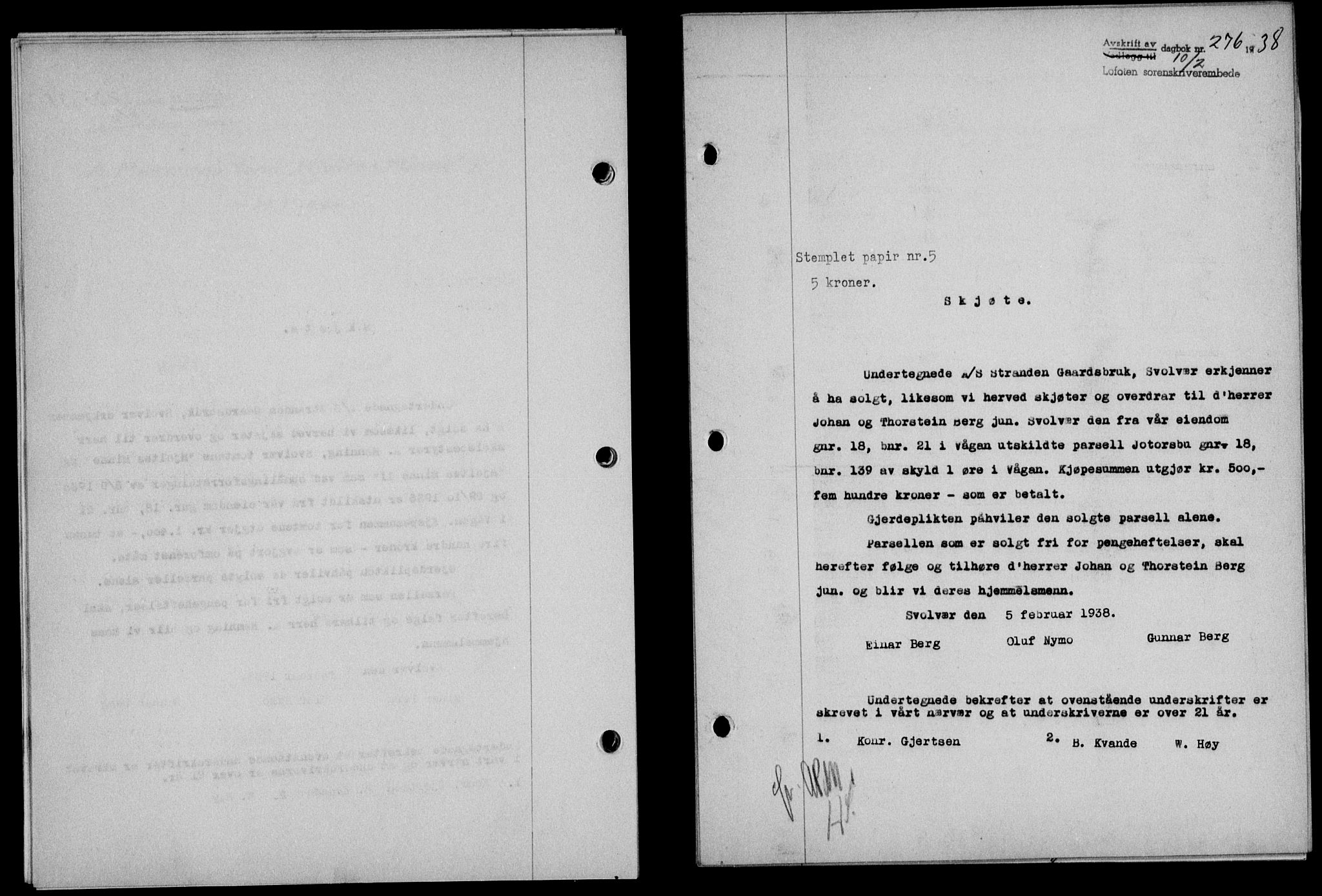 Lofoten sorenskriveri, SAT/A-0017/1/2/2C/L0003a: Pantebok nr. 3a, 1937-1938, Dagboknr: 276/1938