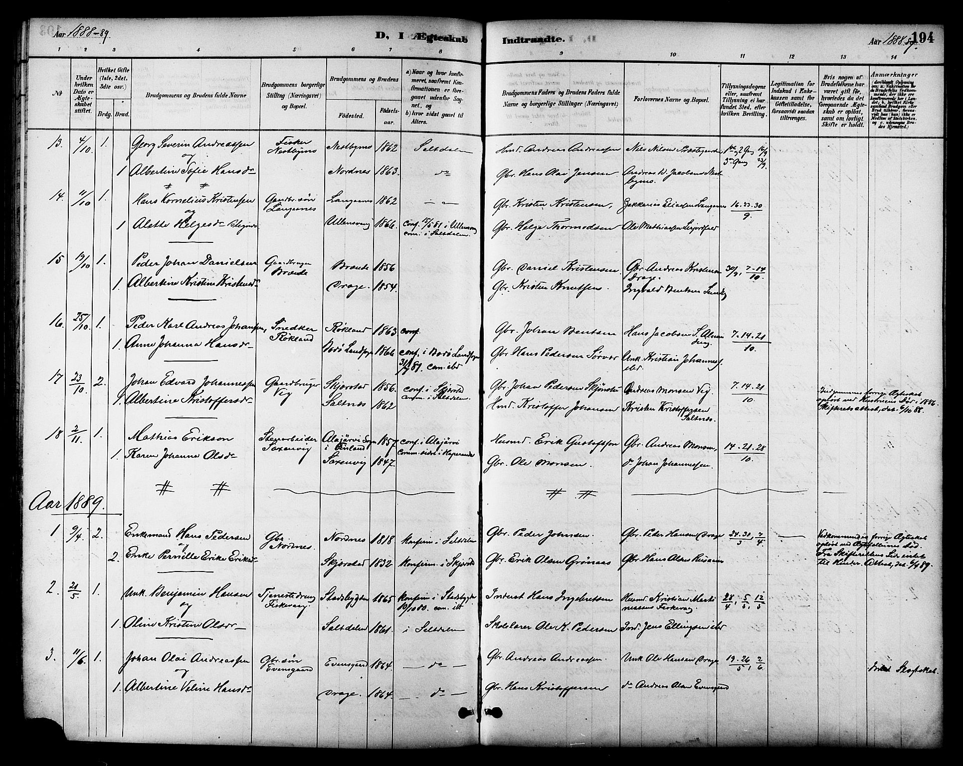 Ministerialprotokoller, klokkerbøker og fødselsregistre - Nordland, AV/SAT-A-1459/847/L0669: Ministerialbok nr. 847A09, 1887-1901, s. 194