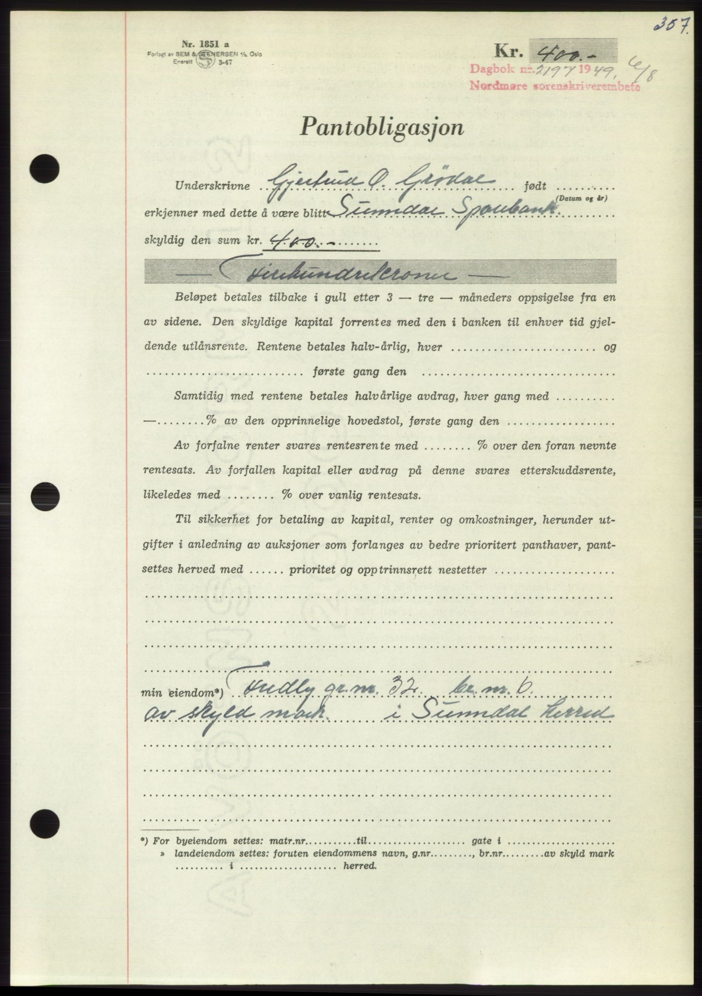 Nordmøre sorenskriveri, SAT/A-4132/1/2/2Ca: Pantebok nr. B102, 1949-1949, Dagboknr: 2197/1949