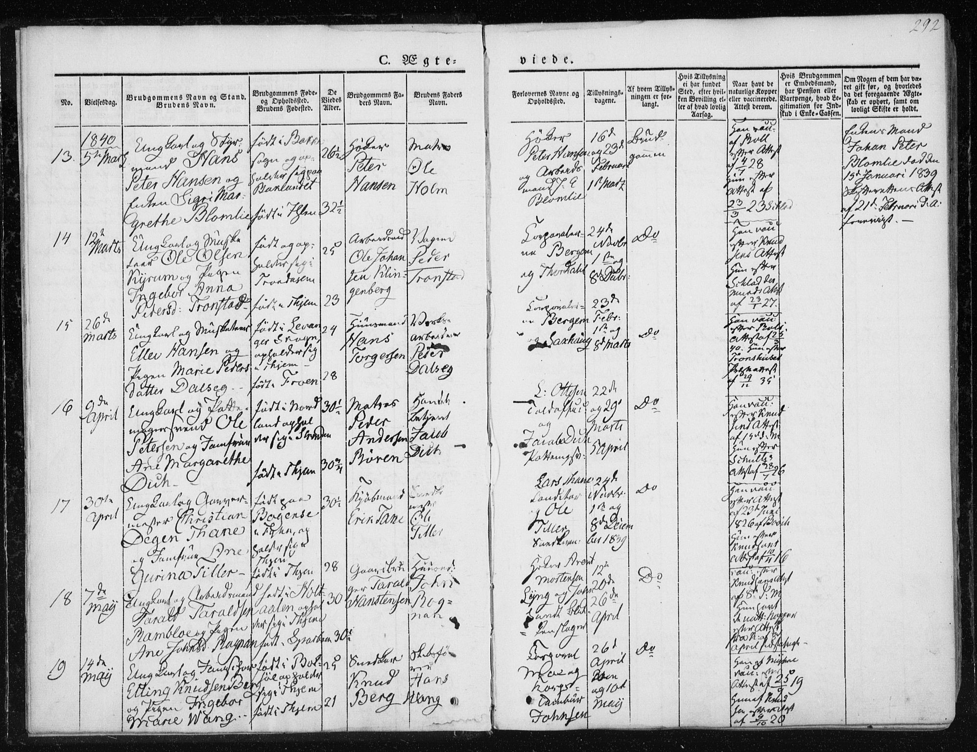 Ministerialprotokoller, klokkerbøker og fødselsregistre - Sør-Trøndelag, AV/SAT-A-1456/601/L0049: Ministerialbok nr. 601A17, 1839-1847, s. 292