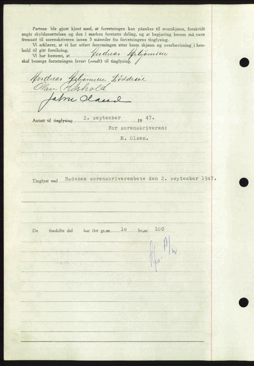 Nedenes sorenskriveri, AV/SAK-1221-0006/G/Gb/Gba/L0058: Pantebok nr. A10, 1947-1948, Dagboknr: 1260/1947