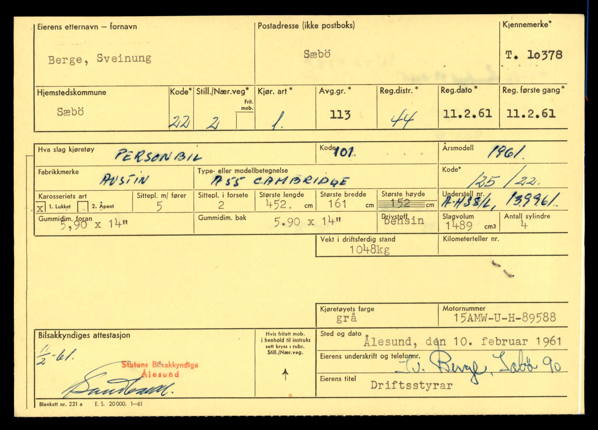 Møre og Romsdal vegkontor - Ålesund trafikkstasjon, SAT/A-4099/F/Fe/L0020: Registreringskort for kjøretøy T 10351 - T 10470, 1927-1998, s. 815