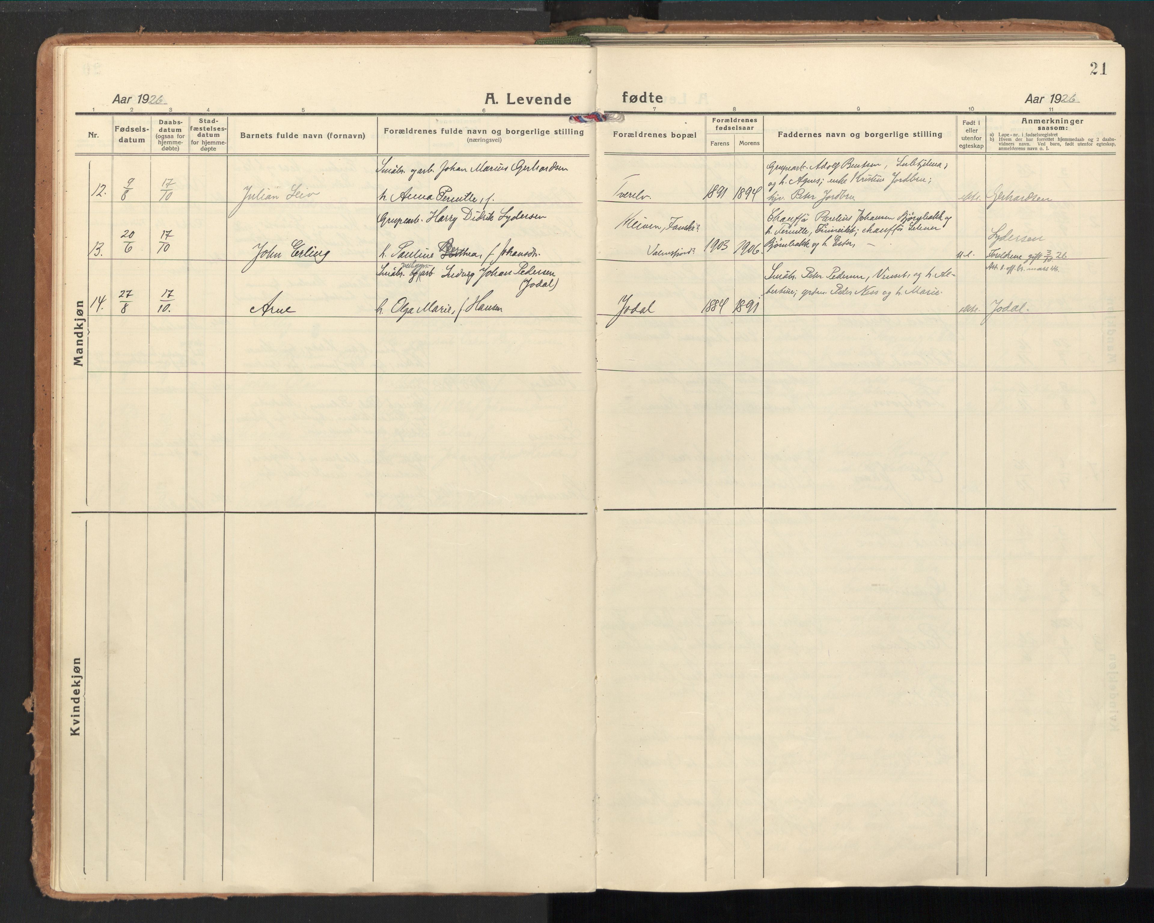 Ministerialprotokoller, klokkerbøker og fødselsregistre - Nordland, SAT/A-1459/851/L0725: Ministerialbok nr. 851A02, 1922-1944, s. 21