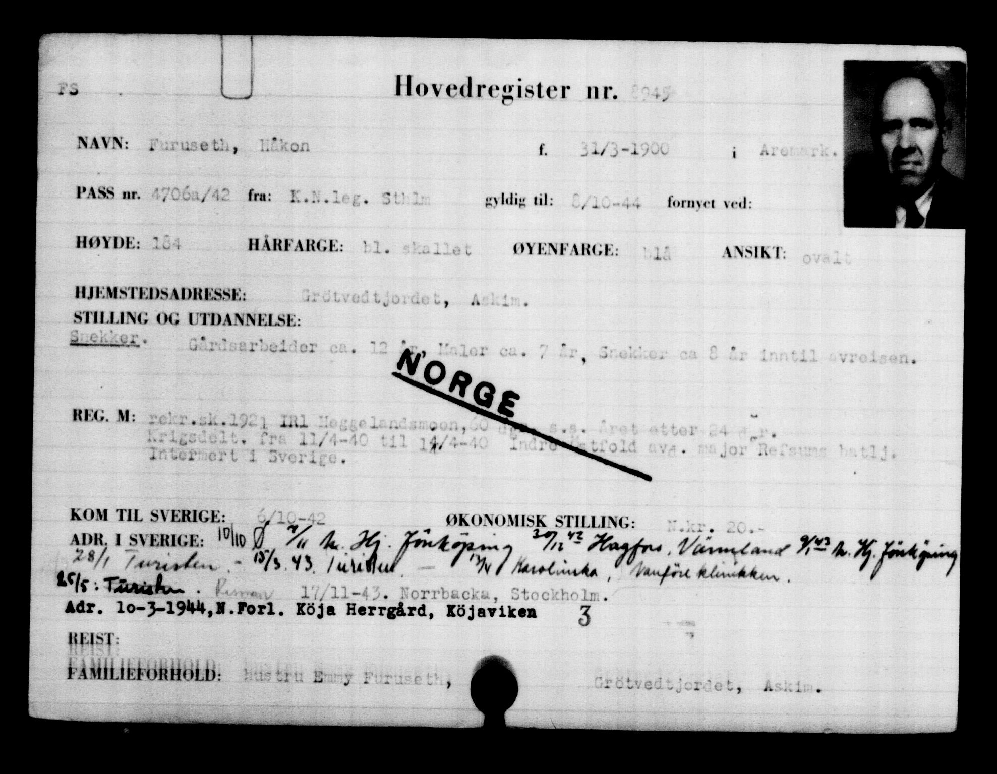 Utenriksstasjonene, Legasjonen i Stockholm, Flyktningkontoret, AV/RA-S-6753/V/Va/L0005: Kjesäterkartoteket, flyktninger med registreringsnr. 6600-9417, 1940-1945, s. 2754