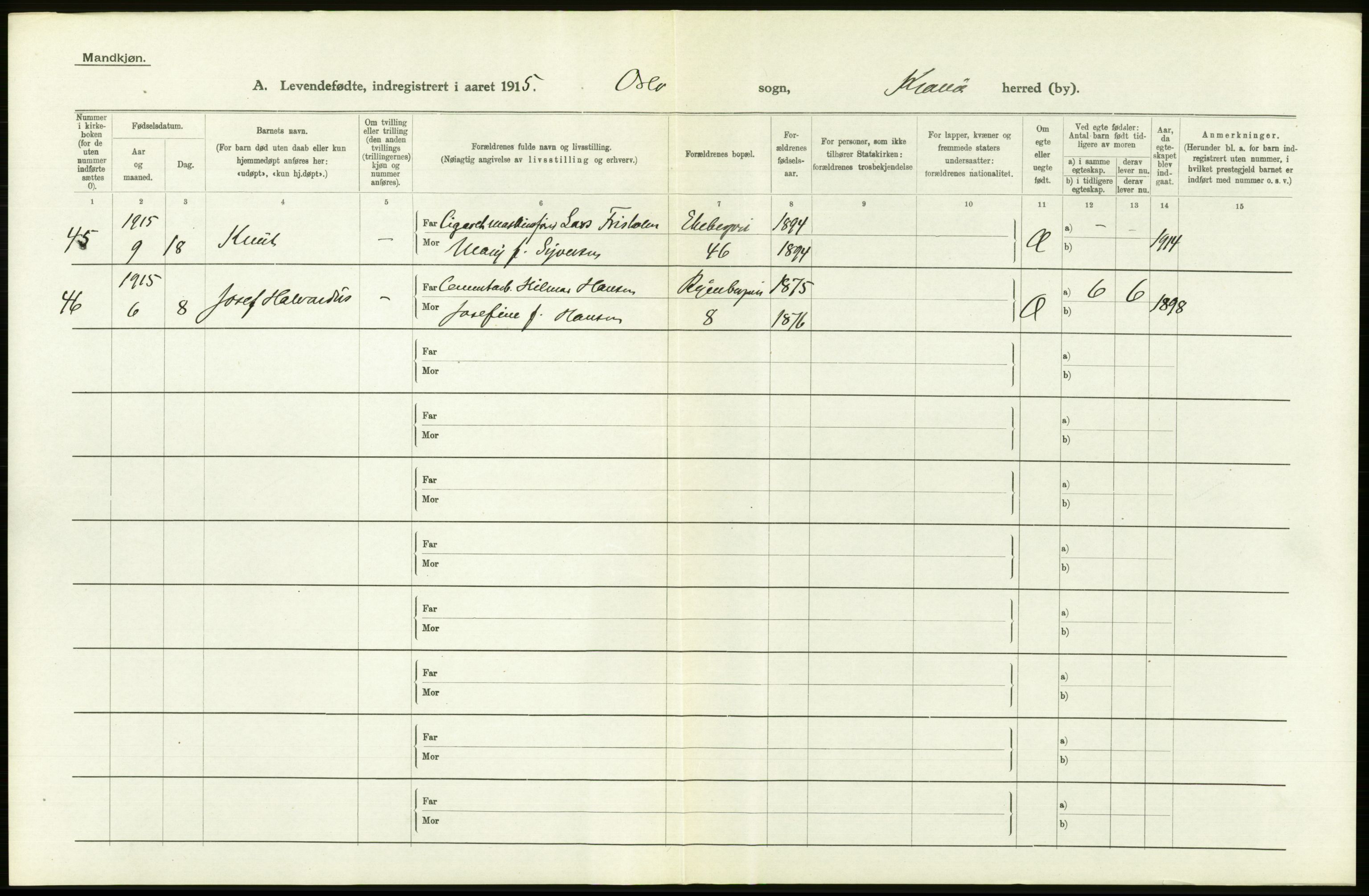 Statistisk sentralbyrå, Sosiodemografiske emner, Befolkning, AV/RA-S-2228/D/Df/Dfb/Dfbe/L0006: Kristiania: Levendefødte menn og kvinner., 1915, s. 106