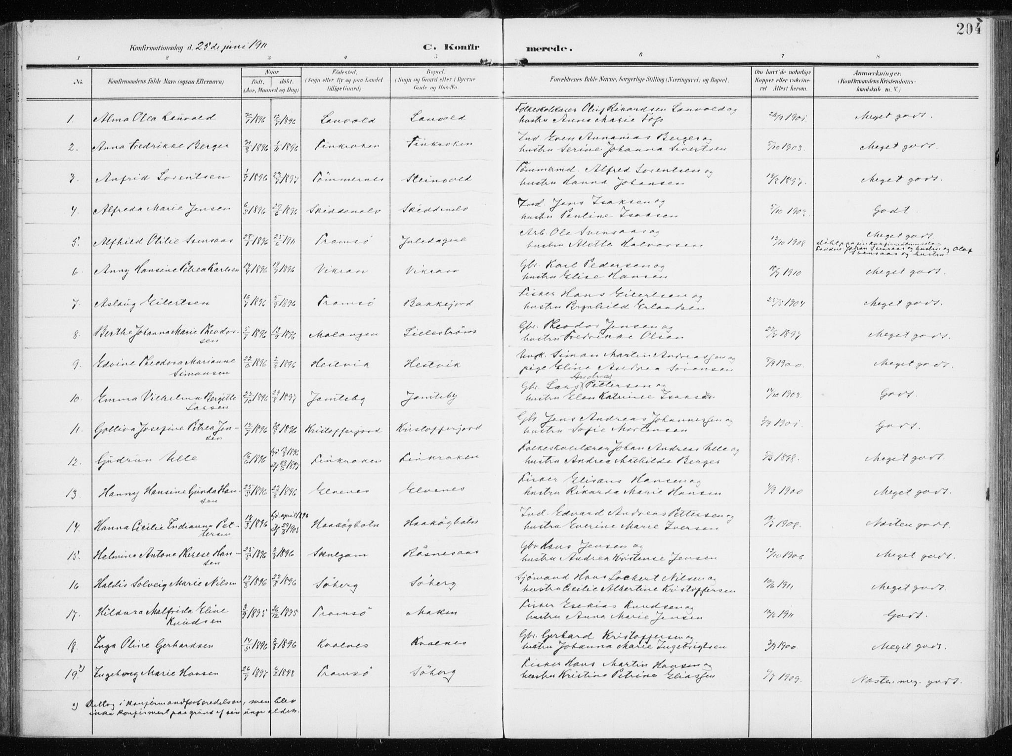 Tromsøysund sokneprestkontor, AV/SATØ-S-1304/G/Ga/L0007kirke: Ministerialbok nr. 7, 1907-1914, s. 204