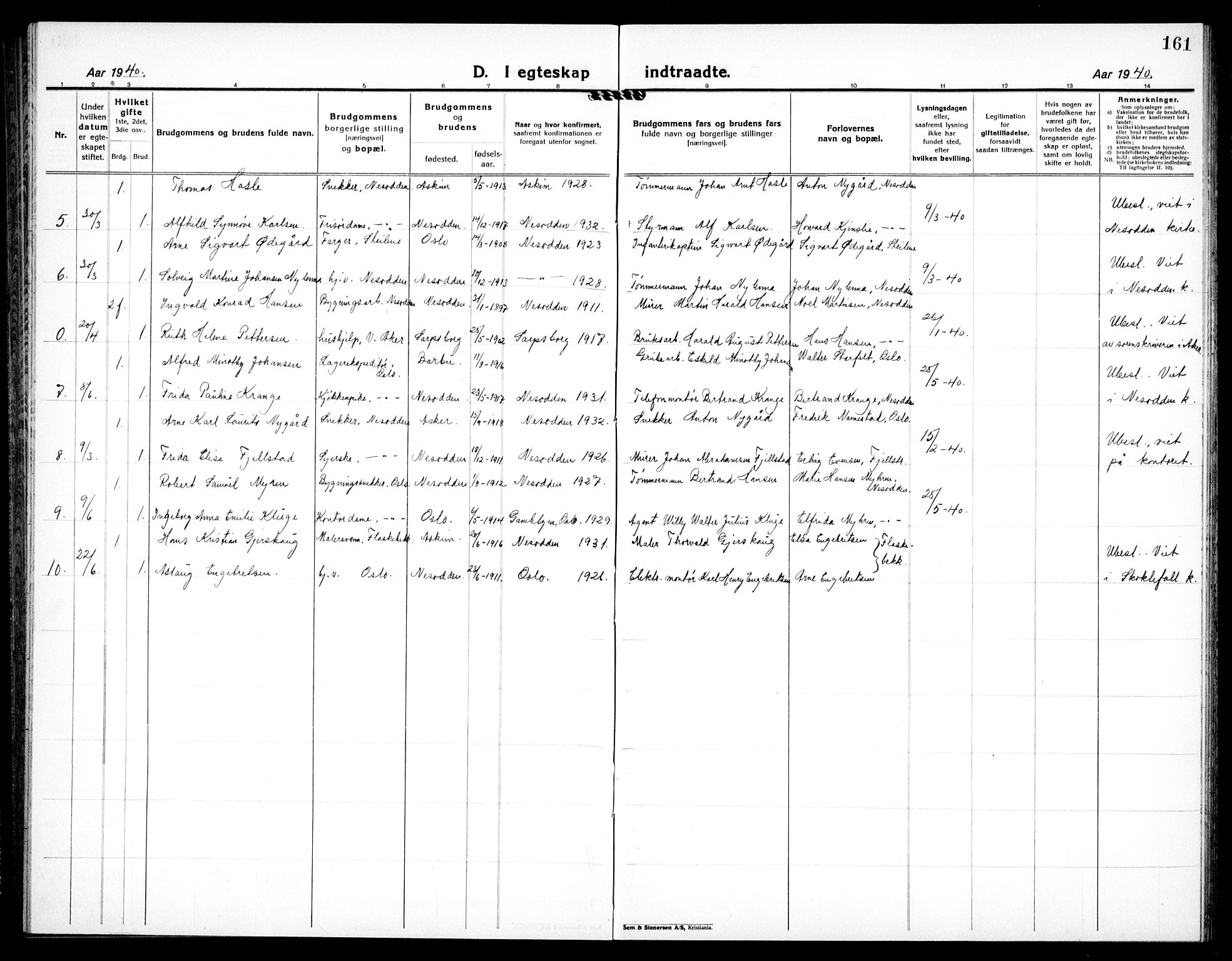 Nesodden prestekontor Kirkebøker, SAO/A-10013/G/Ga/L0003: Klokkerbok nr. I 3, 1924-1939, s. 161