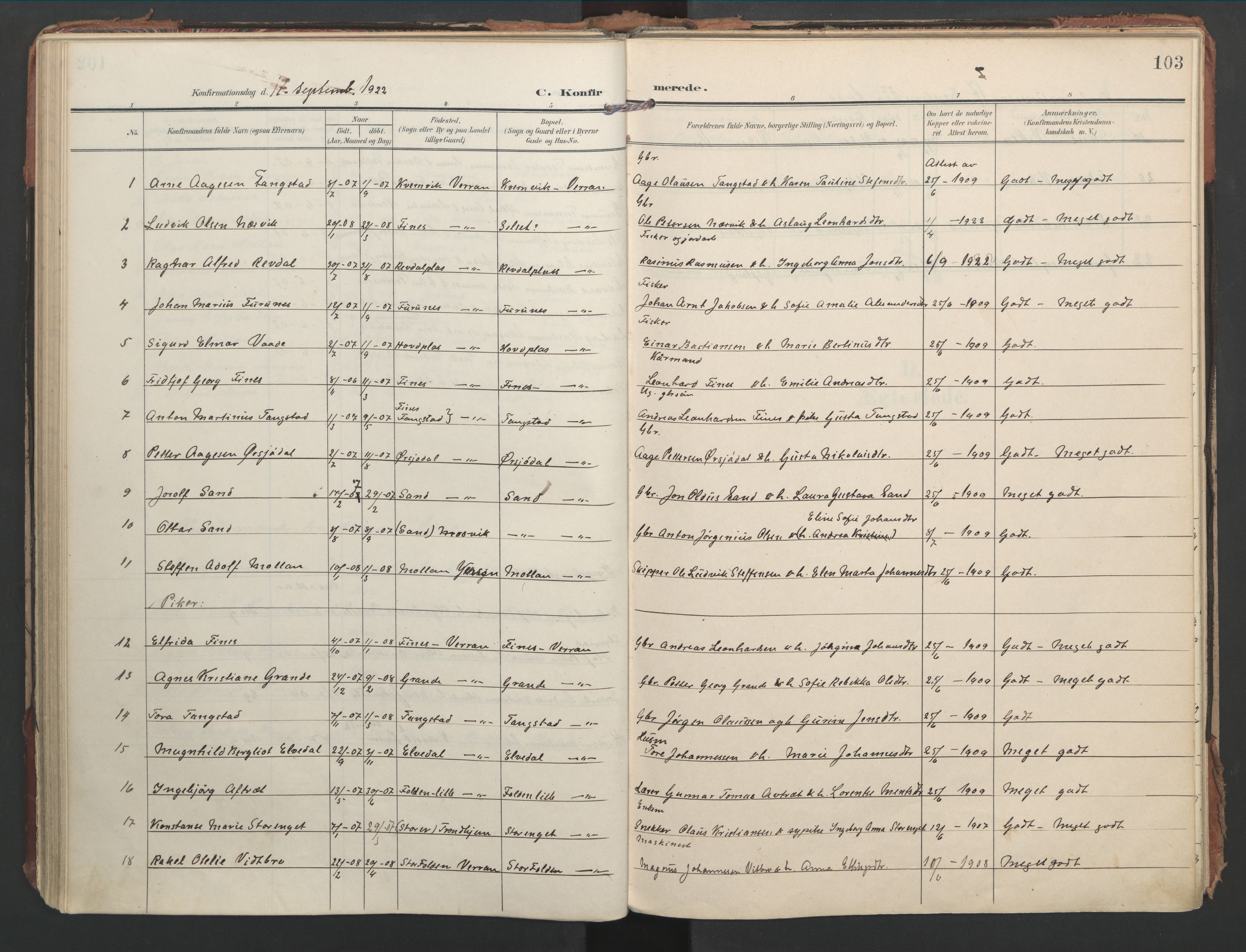 Ministerialprotokoller, klokkerbøker og fødselsregistre - Nord-Trøndelag, AV/SAT-A-1458/744/L0421: Ministerialbok nr. 744A05, 1905-1930, s. 103