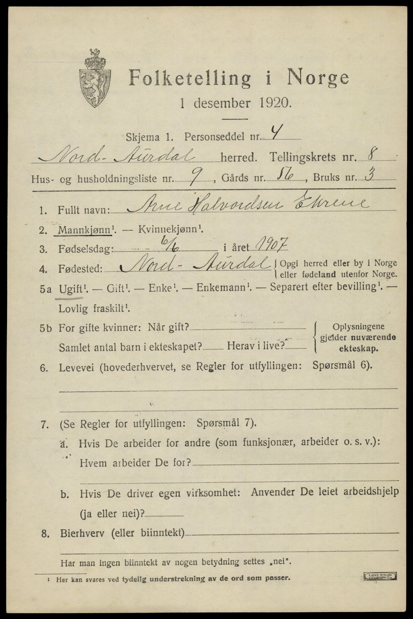 SAH, Folketelling 1920 for 0542 Nord-Aurdal herred, 1920, s. 6850